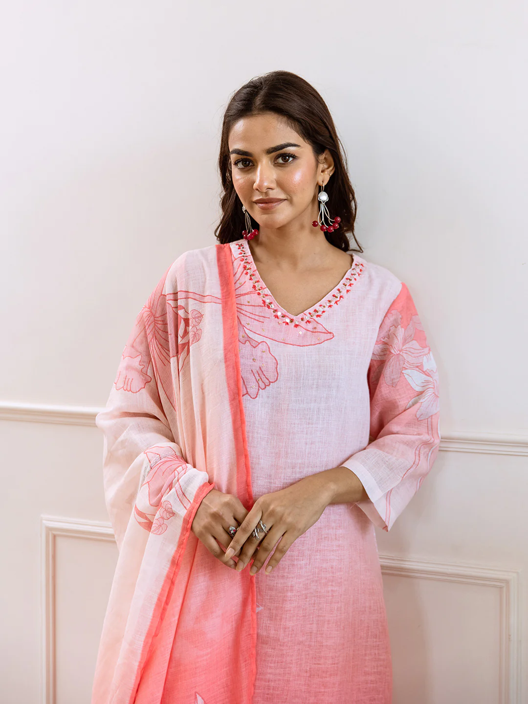 FLORAL PRINTED LINEN STRAIGHT KURTA SET WITH DUPATTA | THREE-PIECE ETHNIC WEAR FOR WOMEN | PLUS SIZE AVAILABLE-Light Pink - Image 4
