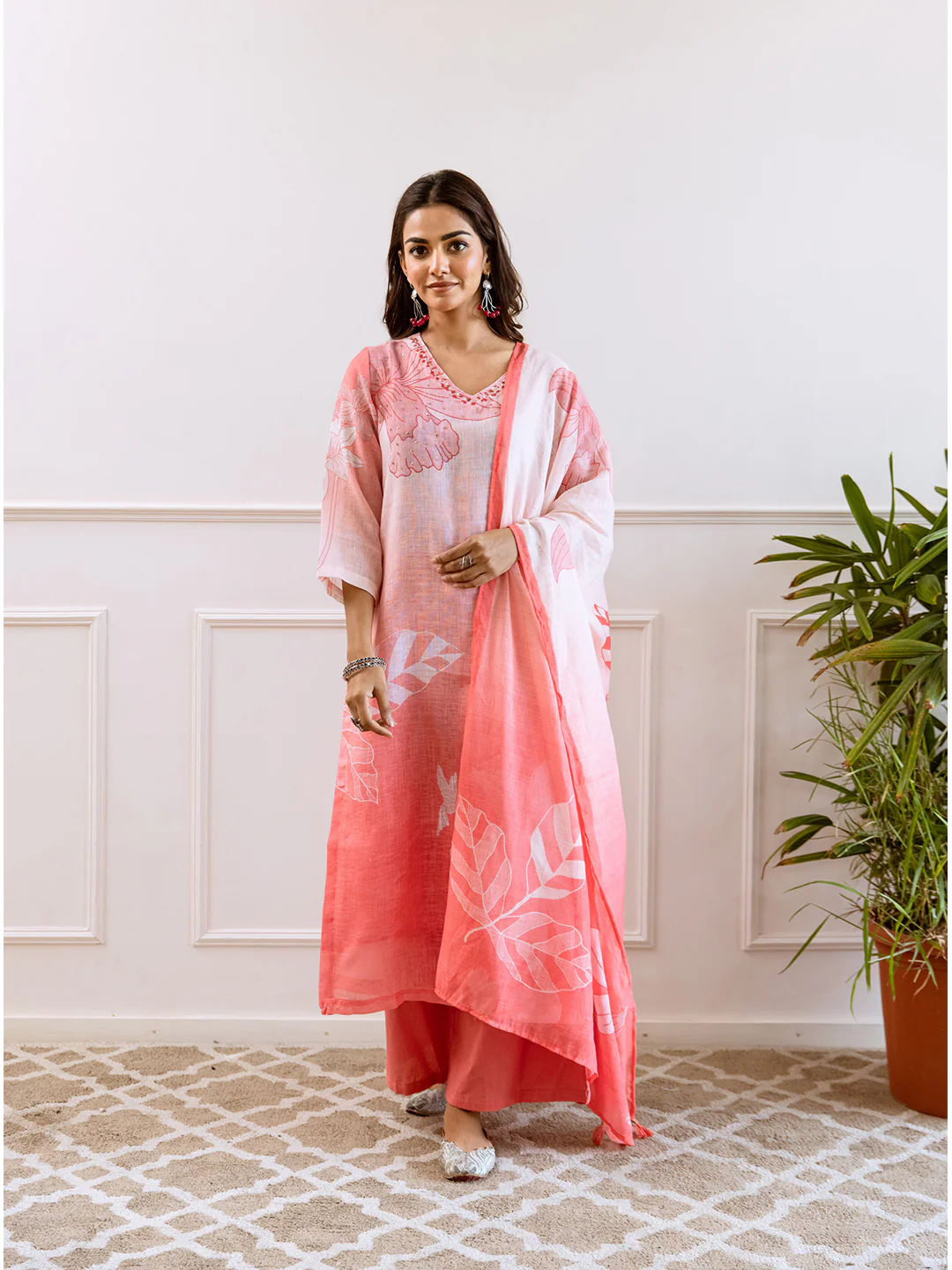 FLORAL PRINTED LINEN STRAIGHT KURTA SET WITH DUPATTA | THREE-PIECE ETHNIC WEAR FOR WOMEN | PLUS SIZE AVAILABLE-Light Pink - Image 5