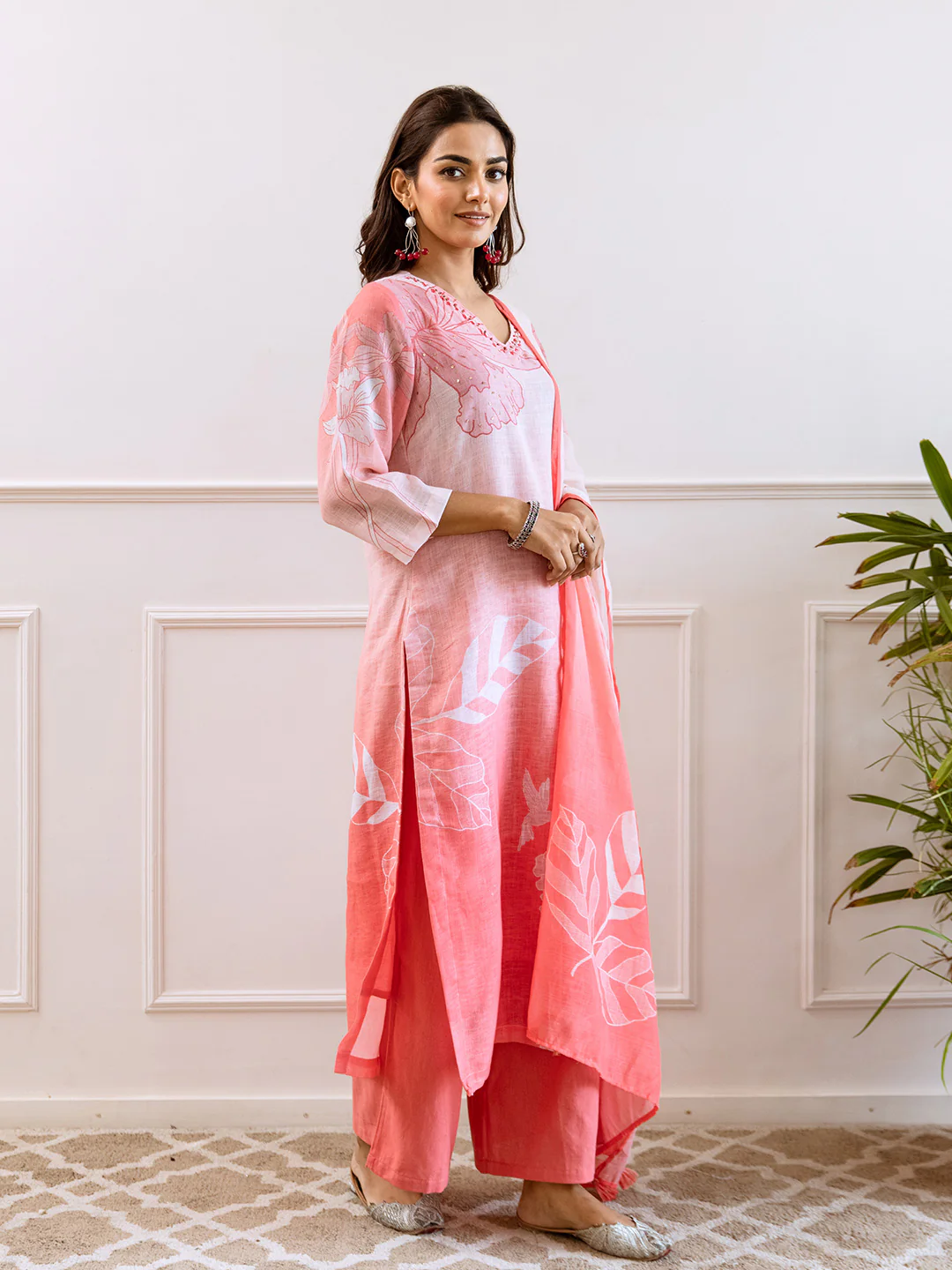 FLORAL PRINTED LINEN STRAIGHT KURTA SET WITH DUPATTA | THREE-PIECE ETHNIC WEAR FOR WOMEN | PLUS SIZE AVAILABLE-Light Pink - Image 6