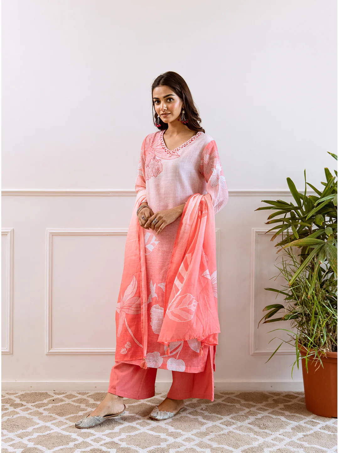 FLORAL PRINTED LINEN STRAIGHT KURTA SET WITH DUPATTA | THREE-PIECE ETHNIC WEAR FOR WOMEN | PLUS SIZE AVAILABLE-Light Pink - Image 7