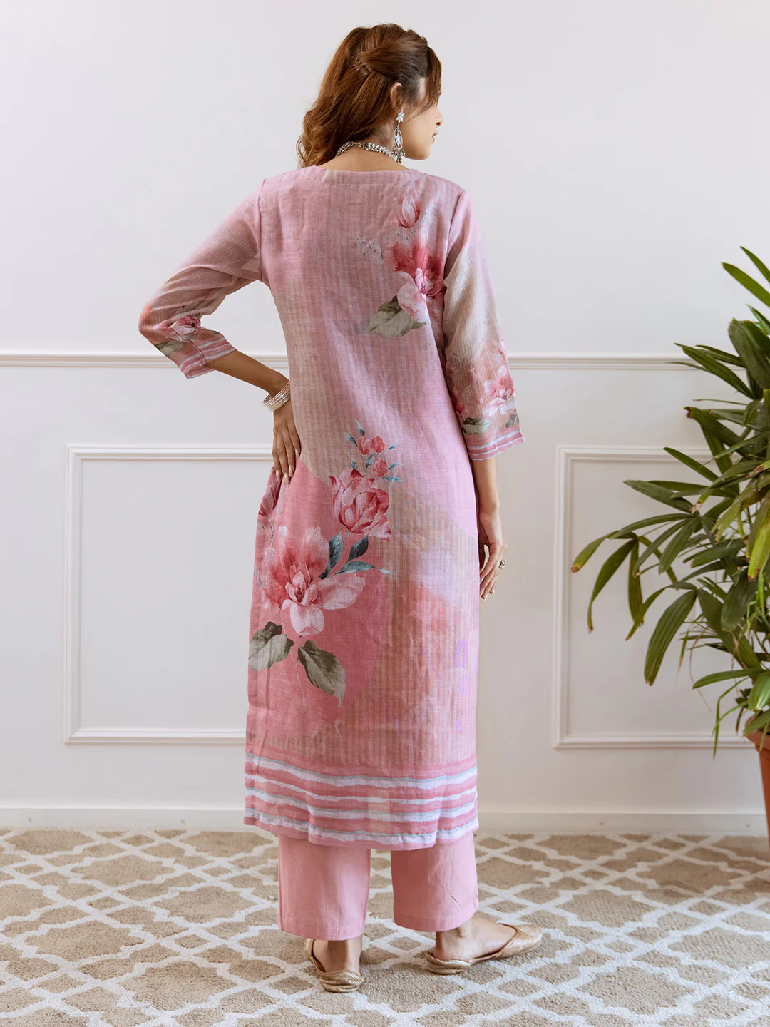 FLORAL PRINTED LINEN STRAIGHT KURTA SET WITH DUPATTA | THREE-PIECE ETHNIC WEAR FOR WOMEN | PLUS SIZE AVAILABLE-Rose Pink - Image 3