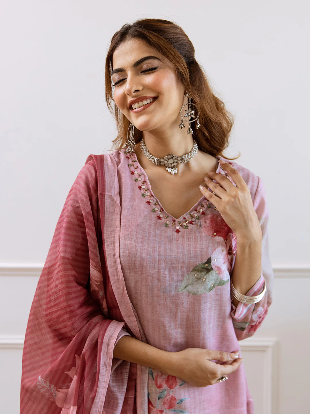 FLORAL PRINTED LINEN STRAIGHT KURTA SET WITH DUPATTA | THREE-PIECE ETHNIC WEAR FOR WOMEN | PLUS SIZE AVAILABLE-Rose Pink - Image 4