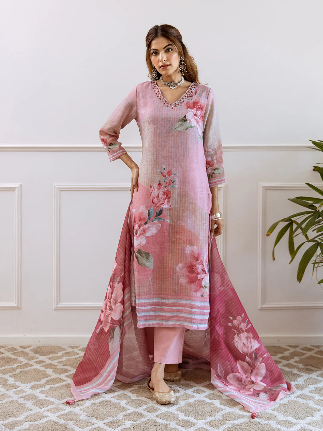 FLORAL PRINTED LINEN STRAIGHT KURTA SET WITH DUPATTA | THREE-PIECE ETHNIC WEAR FOR WOMEN | PLUS SIZE AVAILABLE-Rose Pink - Image 5