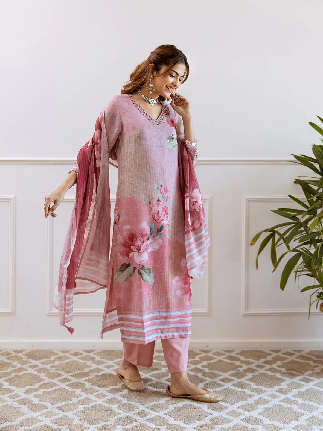 FLORAL PRINTED LINEN STRAIGHT KURTA SET WITH DUPATTA | THREE-PIECE ETHNIC WEAR FOR WOMEN | PLUS SIZE AVAILABLE-Rose Pink - Image 6