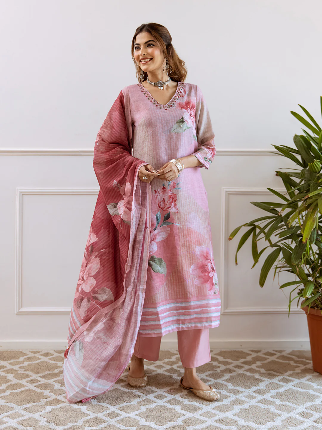 FLORAL PRINTED LINEN STRAIGHT KURTA SET WITH DUPATTA | THREE-PIECE ETHNIC WEAR FOR WOMEN | PLUS SIZE AVAILABLE-Rose Pink - Image 7