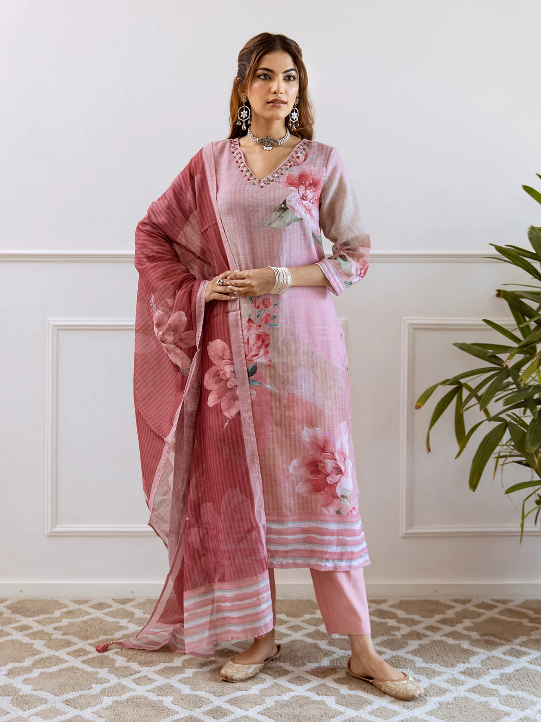 FLORAL PRINTED LINEN STRAIGHT KURTA SET WITH DUPATTA | THREE-PIECE ETHNIC WEAR FOR WOMEN | PLUS SIZE AVAILABLE-Rose Pink - Image 8