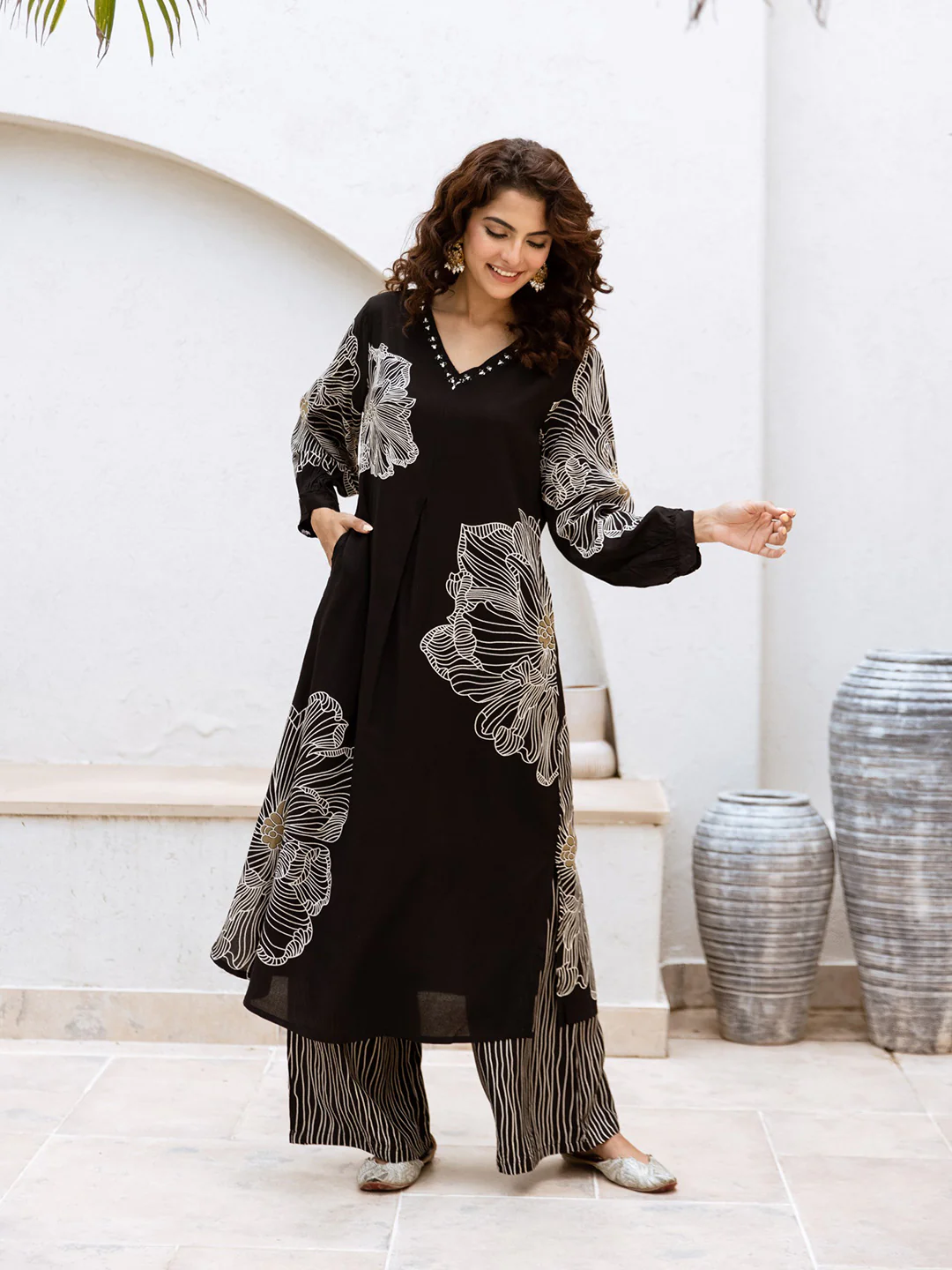 FLORAL PRINT V-NECK COTTON KURTA PALAZZO SET | INDO-WESTERN LONG TUNIC CORD SET | PLUS SIZE AVAILABLE-Black - Image 5