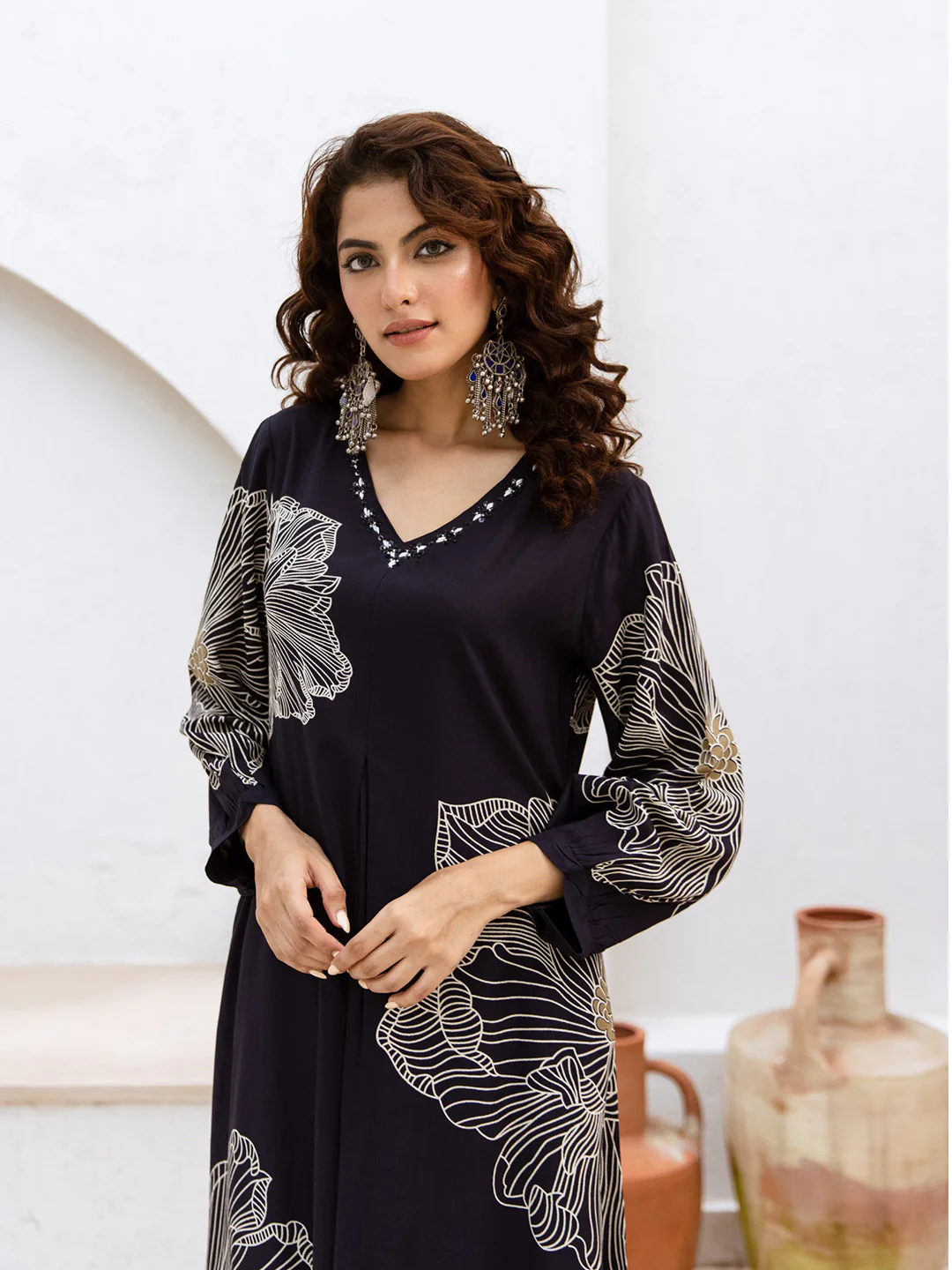 FLORAL PRINT V-NECK COTTON KURTA PALAZZO SET | INDO-WESTERN LONG TUNIC CORD SET | PLUS SIZE AVAILABLE-Navy Blue - Image 4