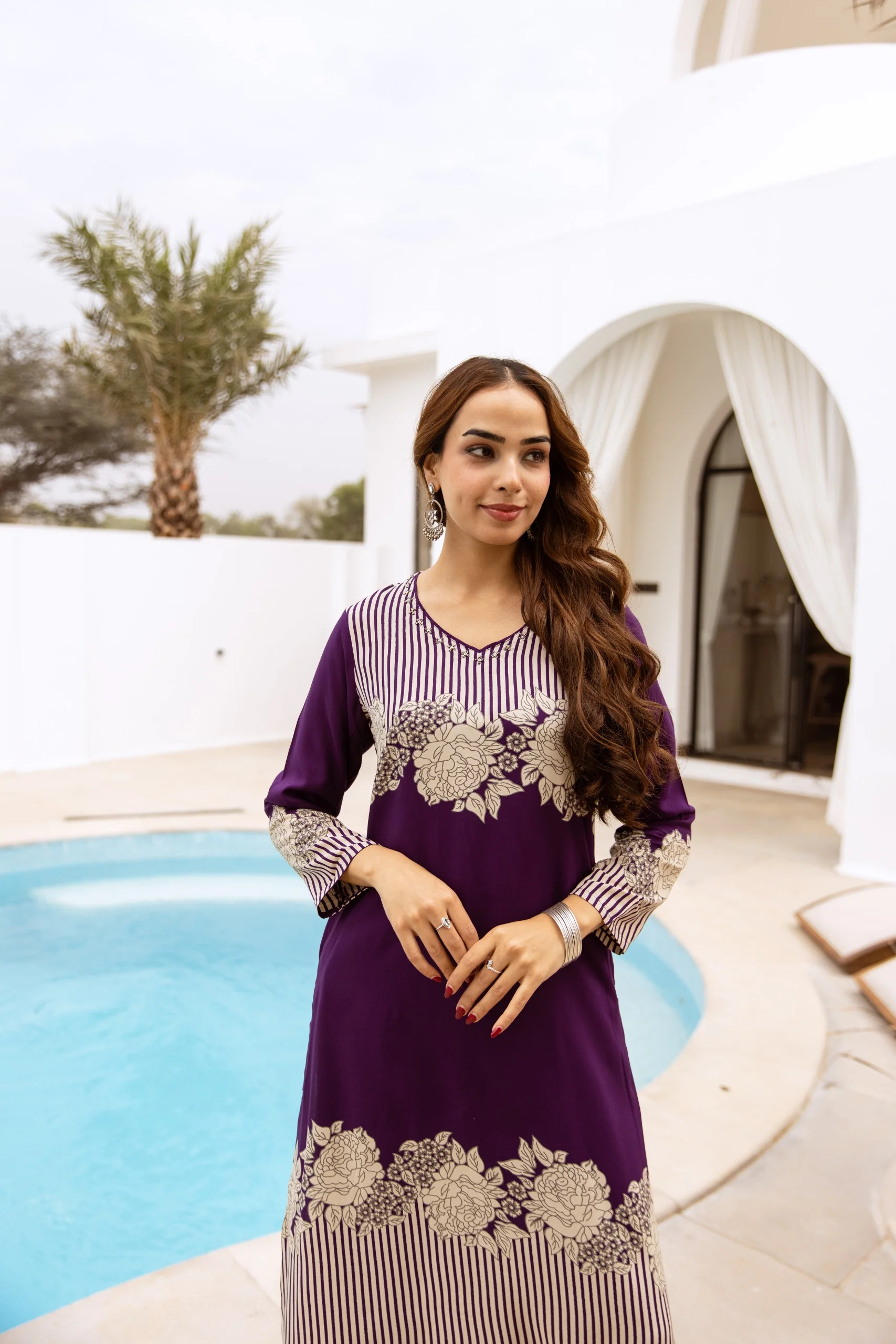 FLORAL PRINTED V-NECK COTTON KURTA/TUNIC PALAZZO SET | FUSION WEAR CORD SET FOR WOMEN | PLUS SIZE AVAILABLE-Purple - Image 4