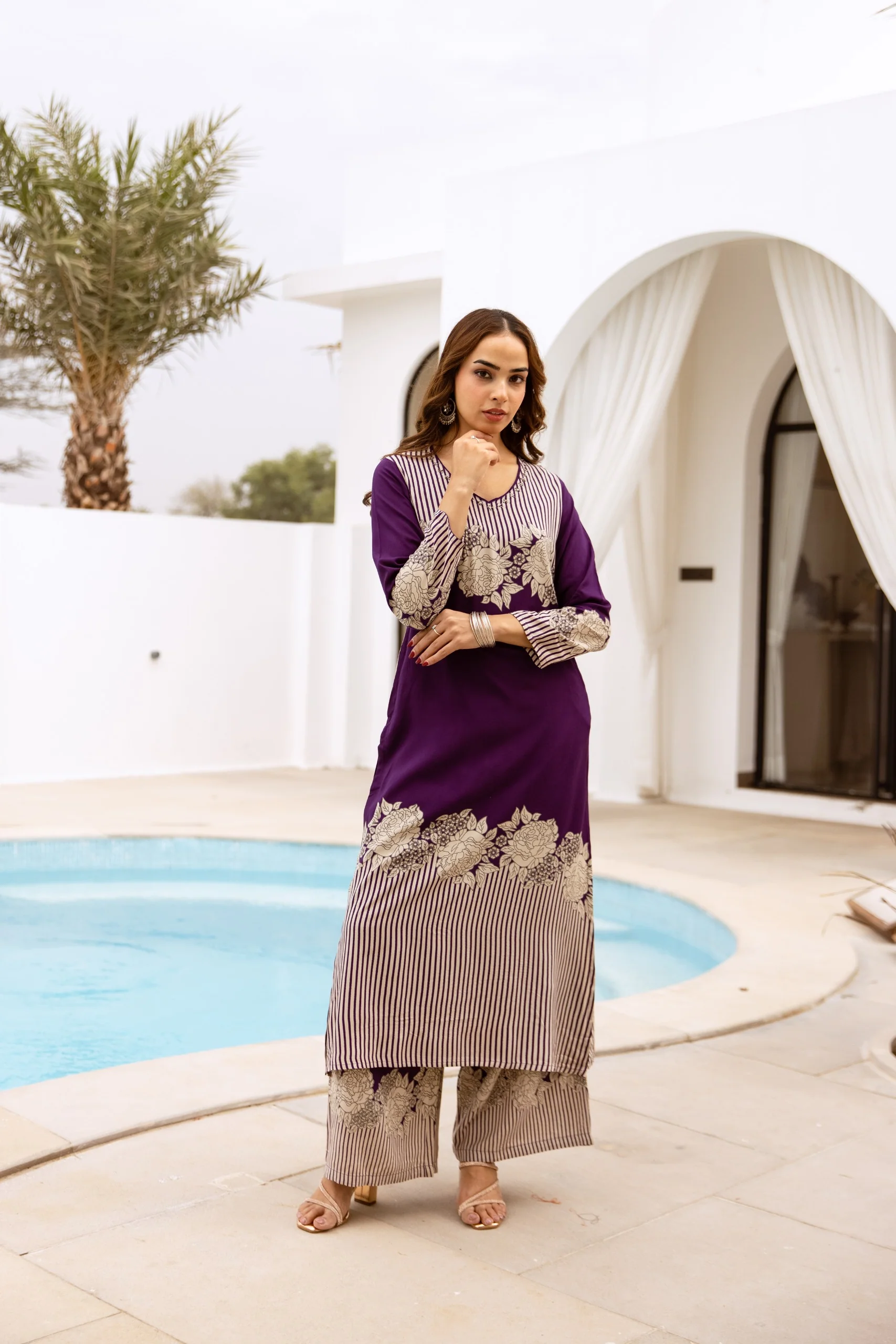 FLORAL PRINTED V-NECK COTTON KURTA/TUNIC PALAZZO SET | FUSION WEAR CORD SET FOR WOMEN | PLUS SIZE AVAILABLE-Purple - Image 6
