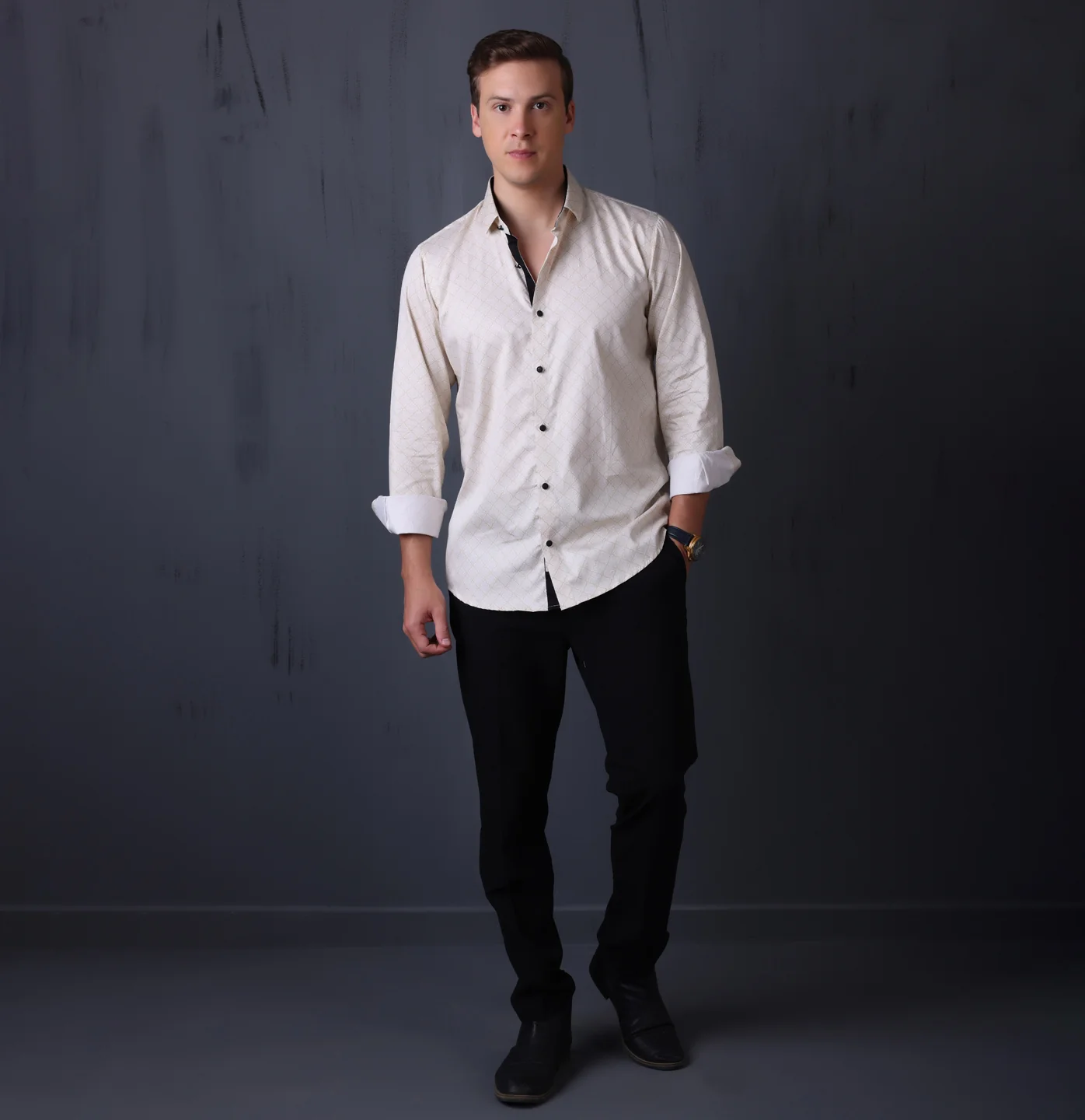 PRINTED SHIRTS | FORMAL & CASUAL SHIRTS FOR MEN | FILO HEVIS GEOMETRIC PRINTS SHIRT COLLECTION-BEIGE - Image 3