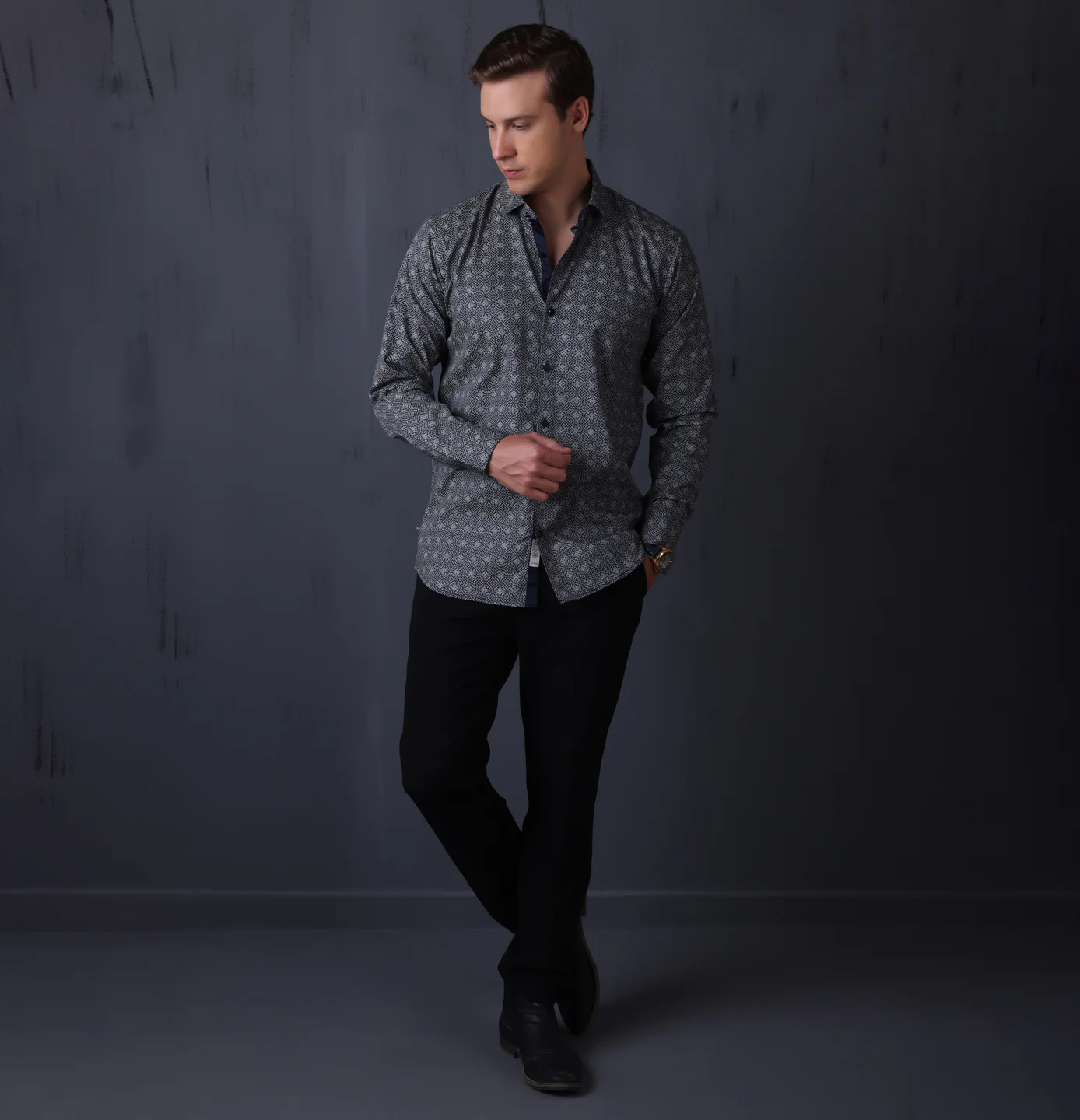 PRINTED SHIRTS | FORMAL & CASUAL SHIRTS FOR MEN | FILO HEVIS GEOMETRIC PRINTS SHIRT COLLECTION-Navy - Image 3