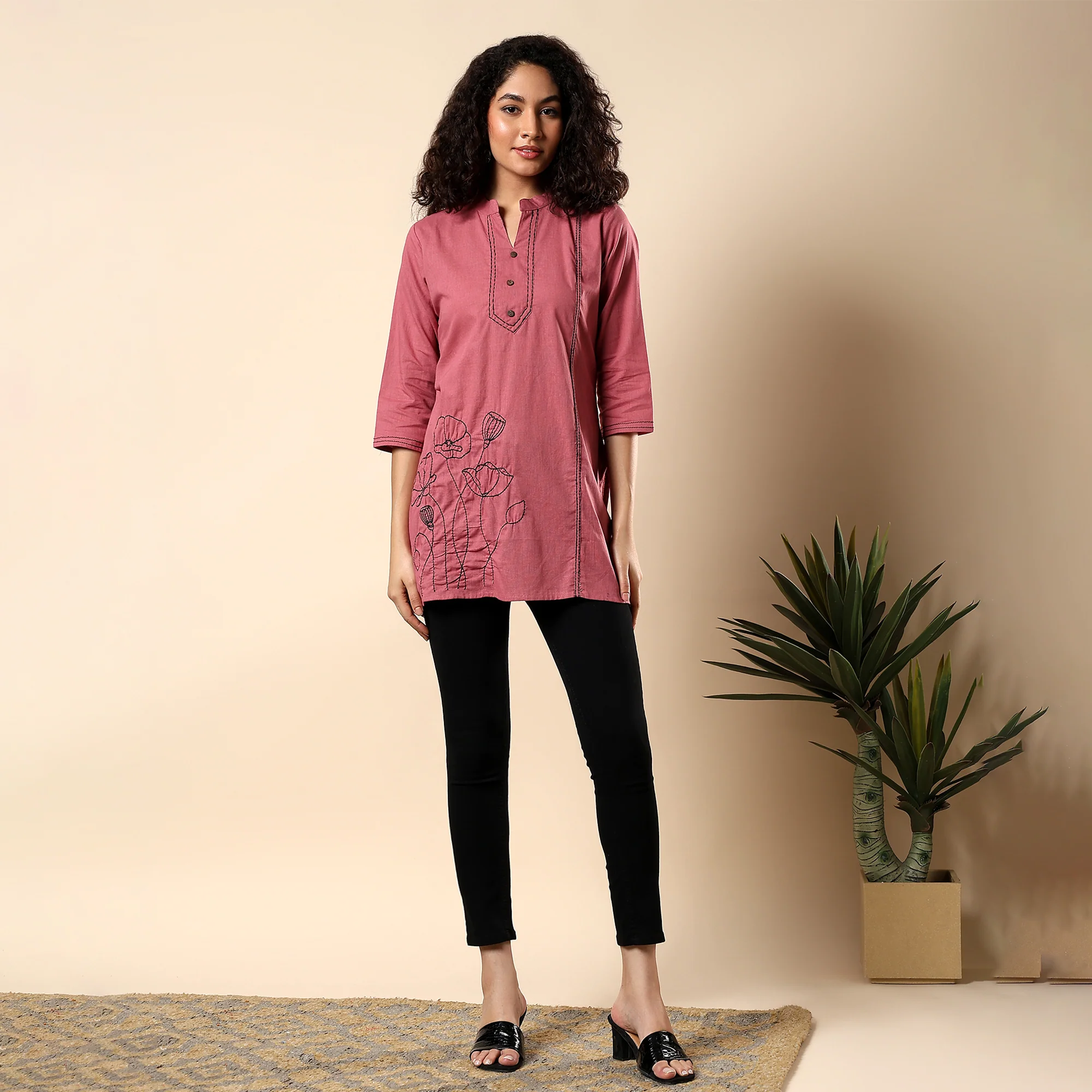 GORGEOUS PINK FLORAL EMBROIDERED WOMEN KURTI | COTTON SHORT TUNIC FOR EVERYDAY WEAR - Image 7