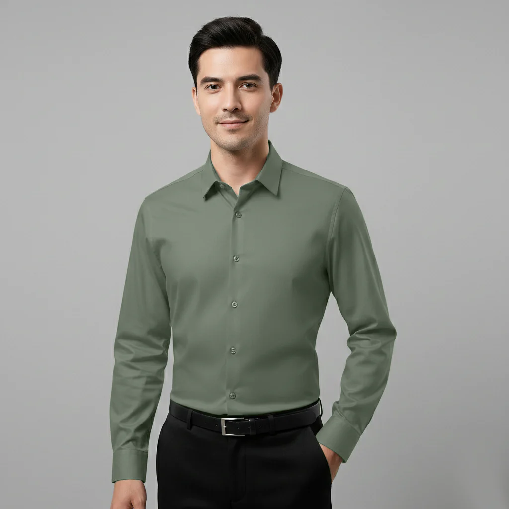 Japanese Lycra Premium Stretch Shirt–Lavender Mist | Ultra-Smooth Formal Fit | Olive Green - Image 3