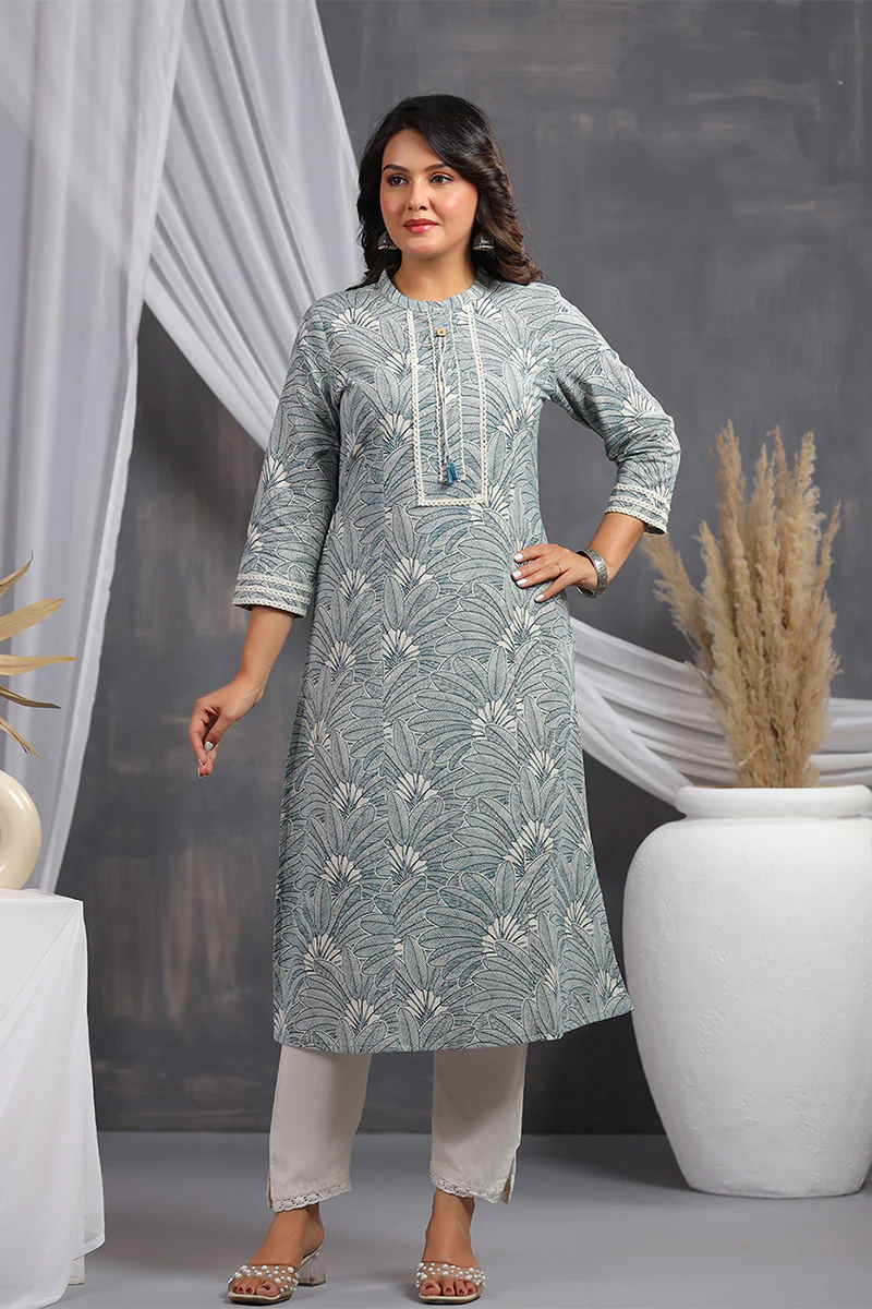LEAF PRINT COTTON ROUND NECK STRAIGHT KURTA - LIGHT BLUE| WOMEN'S CASUAL WEAR