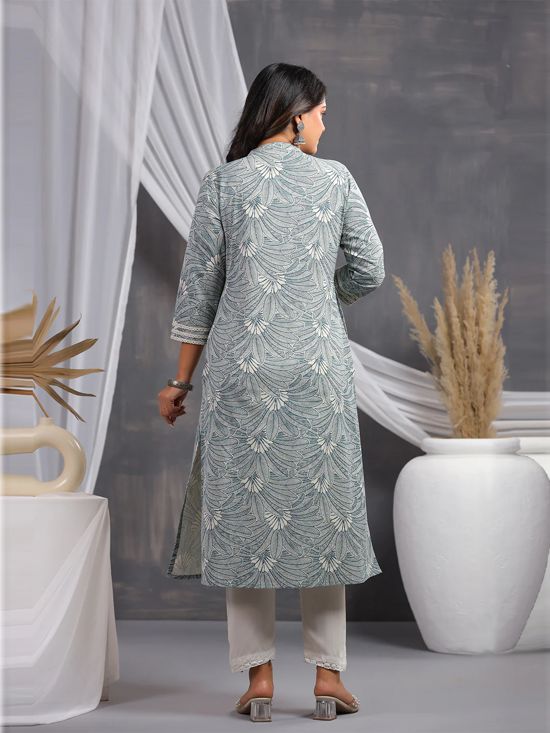 LEAF PRINT COTTON ROUND NECK STRAIGHT KURTA - LIGHT BLUE| WOMEN'S CASUAL WEAR - Image 3