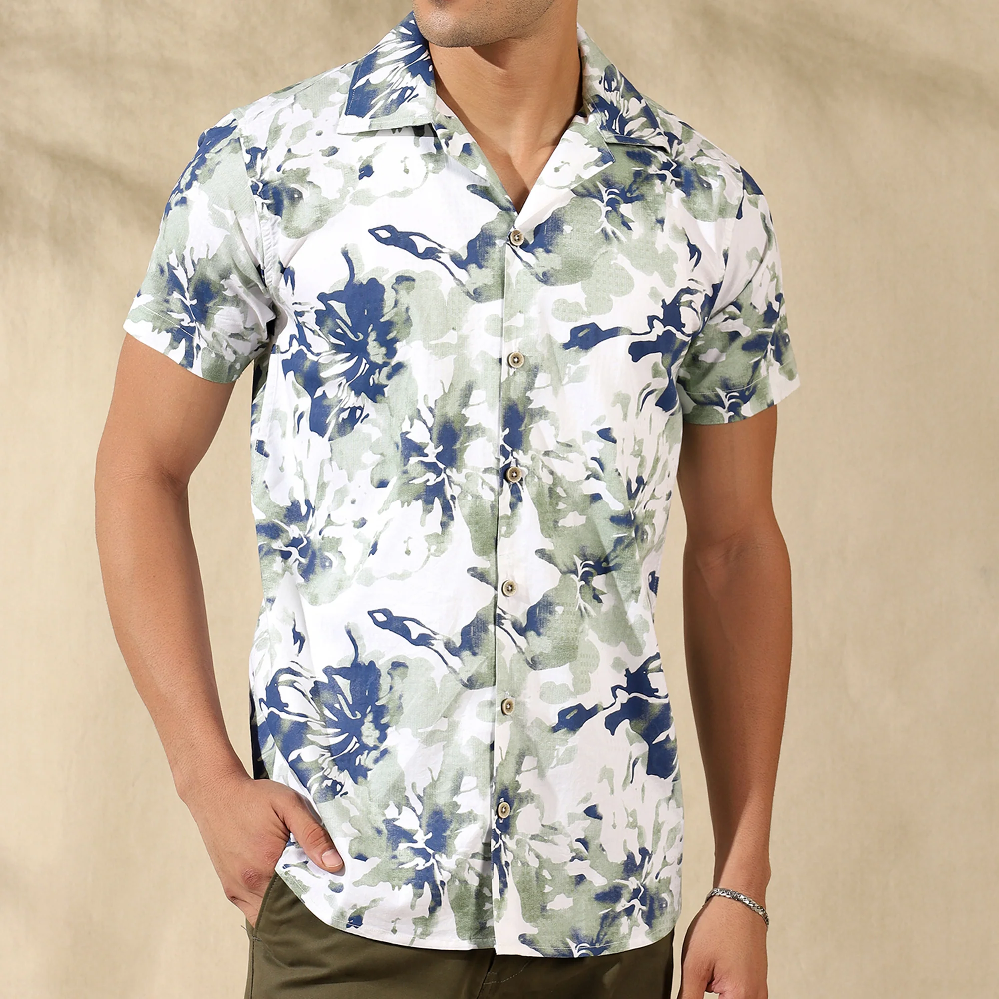 LIGHT GREEN HALF CASUAL PRINTED COTTON SHIRT REGULAR FIT FOR MEN