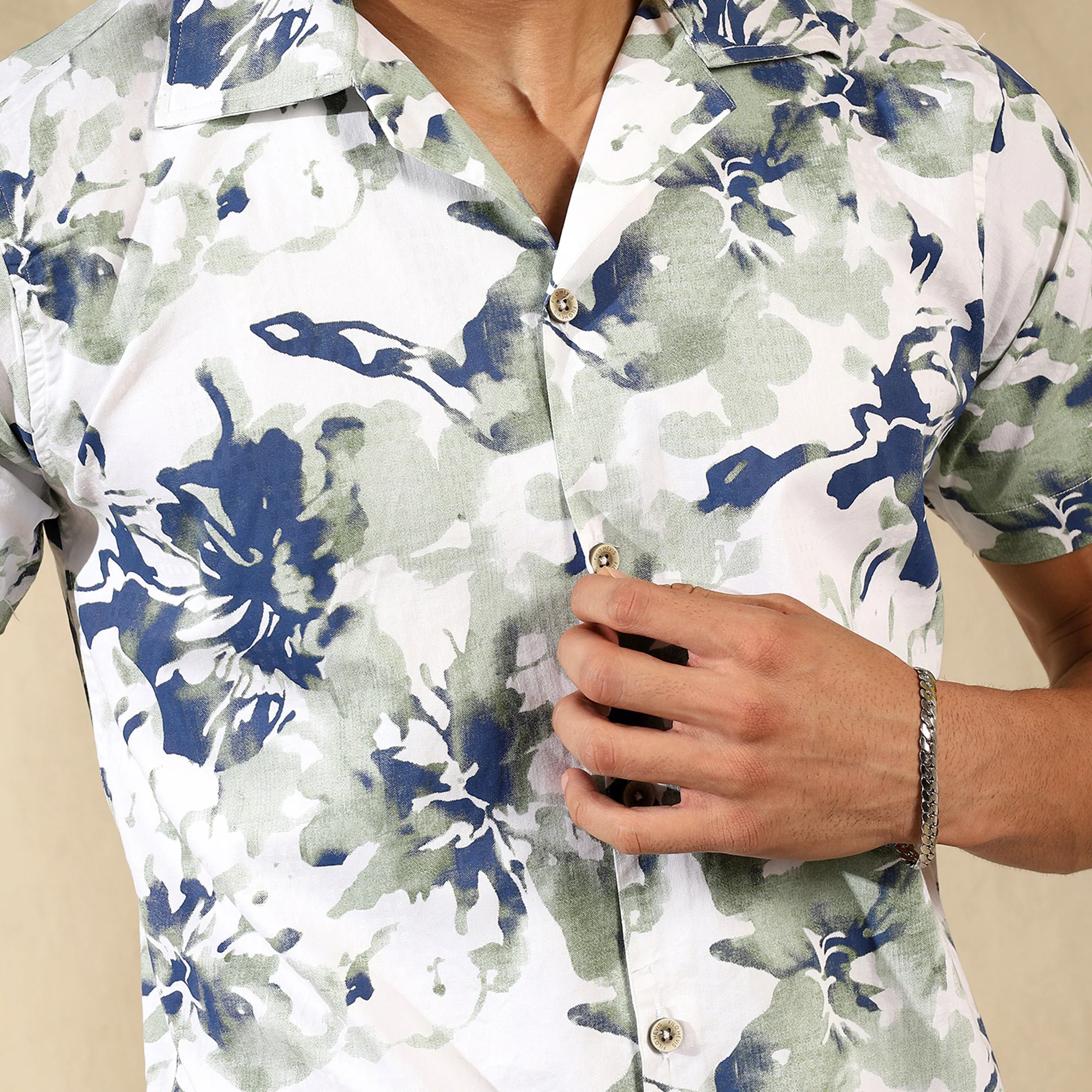 LIGHT GREEN HALF CASUAL PRINTED COTTON SHIRT REGULAR FIT FOR MEN - Image 2