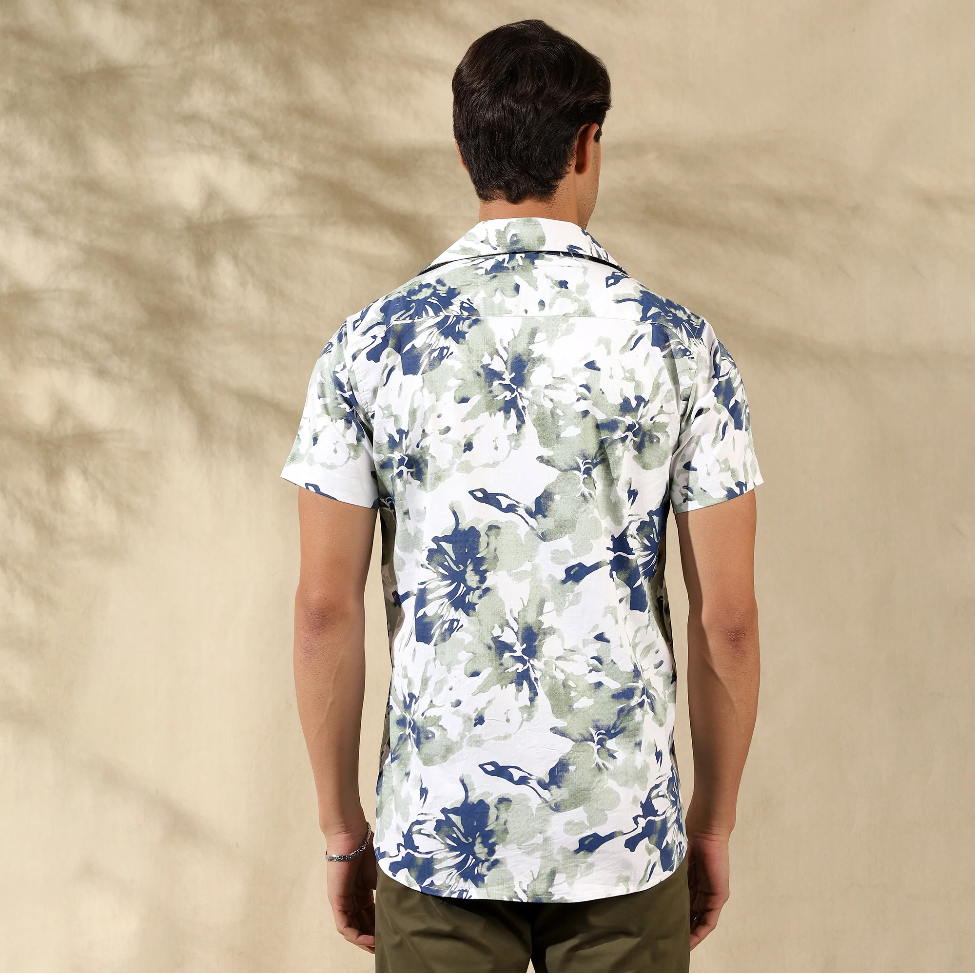 LIGHT GREEN HALF CASUAL PRINTED COTTON SHIRT REGULAR FIT FOR MEN - Image 3