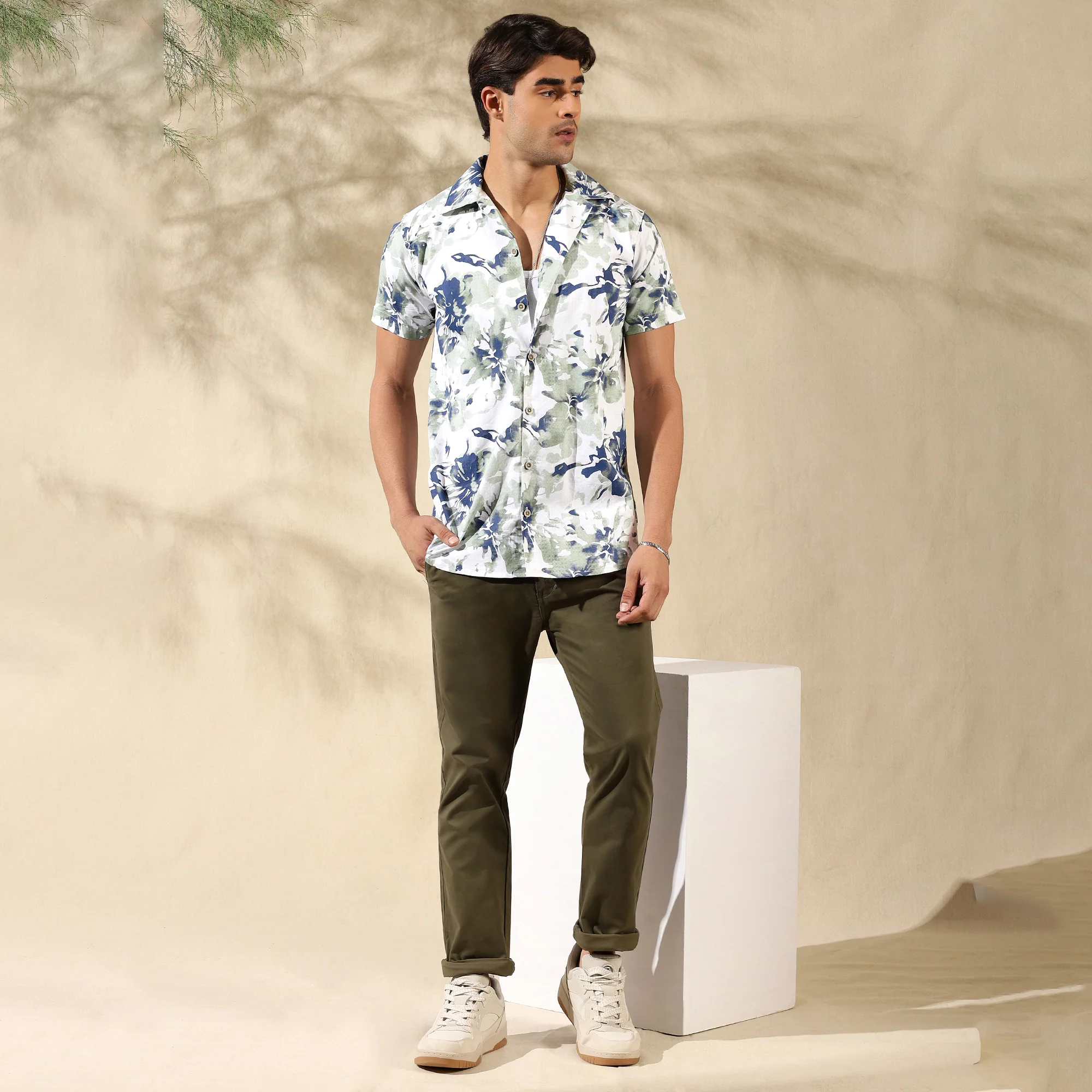LIGHT GREEN HALF CASUAL PRINTED COTTON SHIRT REGULAR FIT FOR MEN - Image 4
