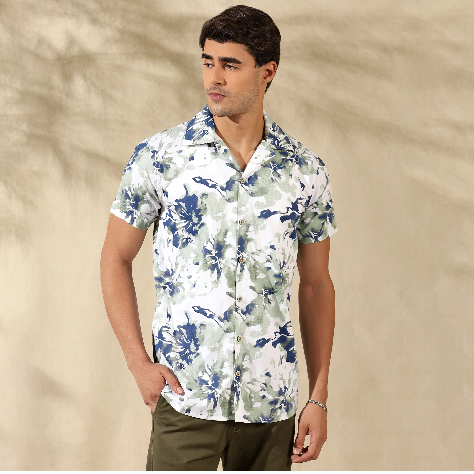 LIGHT GREEN HALF CASUAL PRINTED COTTON SHIRT REGULAR FIT FOR MEN - Image 7