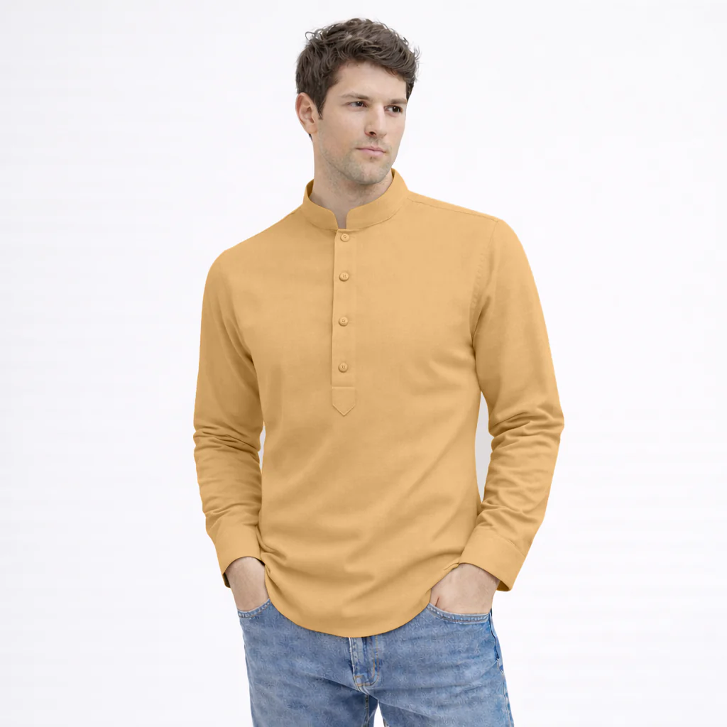 Cotton Chinese Collar Short Kurta for Men | Traditional Nehru Ethnic Shirts | Daily Wear-Beige - Image 3