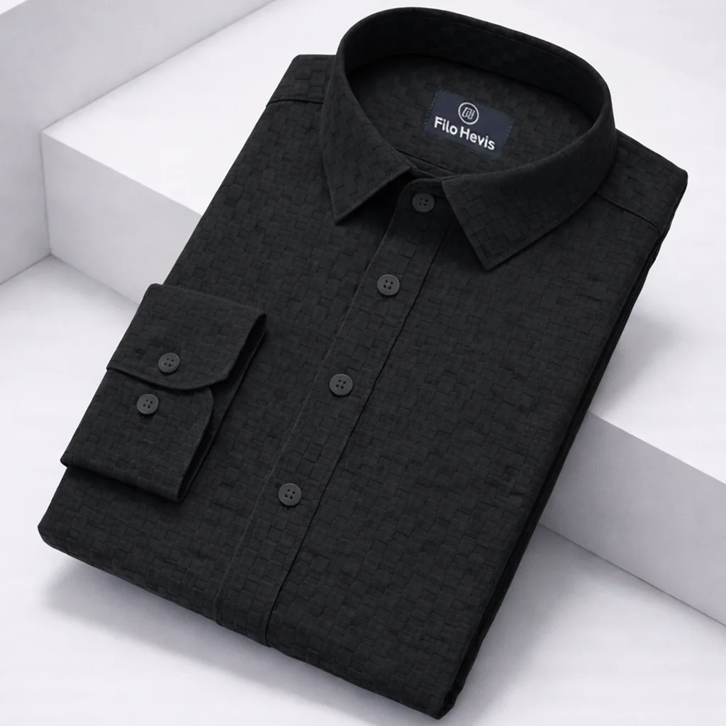 PREMIUM TEXTURED POPCORN SHIRT | SELF-CHECKS EMBOSS EFFECT PATTERN | Black