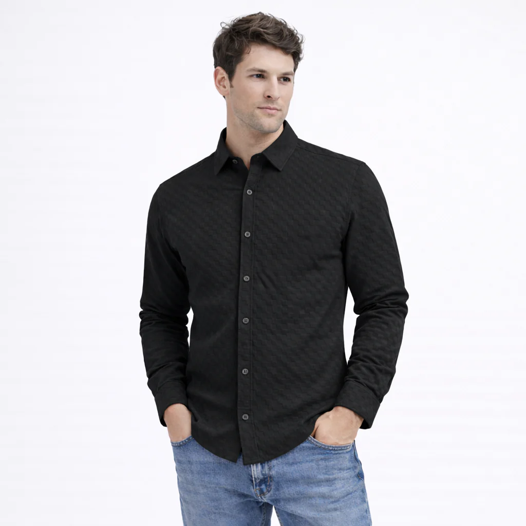 PREMIUM TEXTURED POPCORN SHIRT | SELF-CHECKS EMBOSS EFFECT PATTERN | Black - Image 2