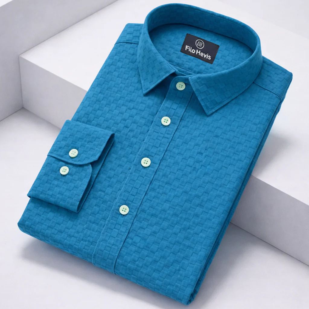PREMIUM TEXTURED POPCORN SHIRT | SELF-CHECKS EMBOSS EFFECT PATTERN | Sky Blue