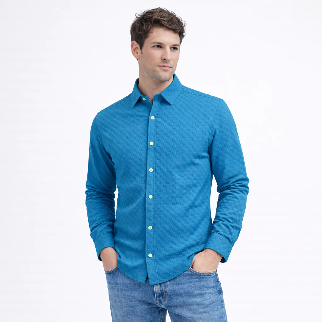 PREMIUM TEXTURED POPCORN SHIRT | SELF-CHECKS EMBOSS EFFECT PATTERN | Sky Blue - Image 2