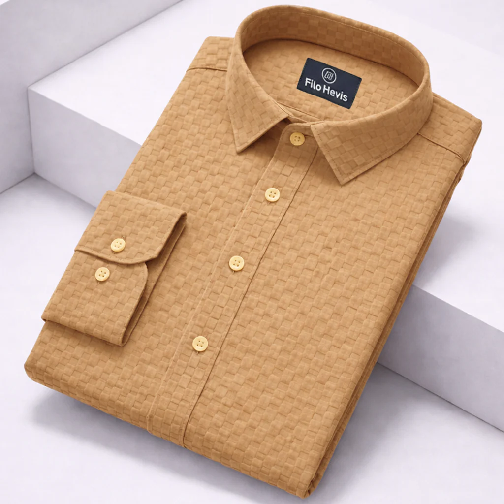 PREMIUM TEXTURED POPCORN SHIRT | SELF-CHECKS EMBOSS EFFECT PATTERN | Brown