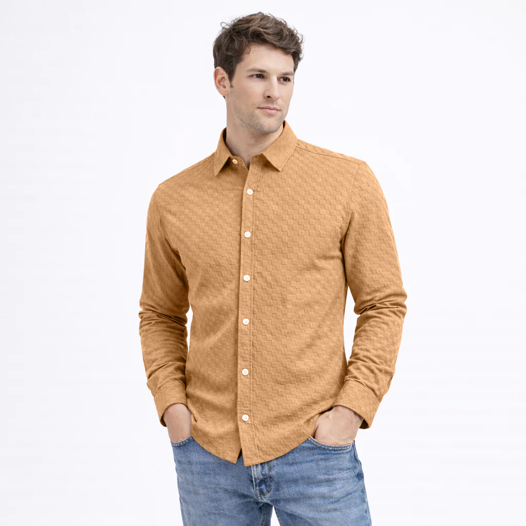 PREMIUM TEXTURED POPCORN SHIRT | SELF-CHECKS EMBOSS EFFECT PATTERN | Brown - Image 2
