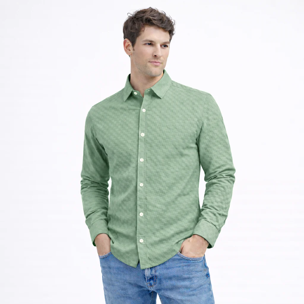 PREMIUM TEXTURED POPCORN SHIRT | SELF-CHECKS EMBOSS EFFECT PATTERN | Pista Green - Image 2