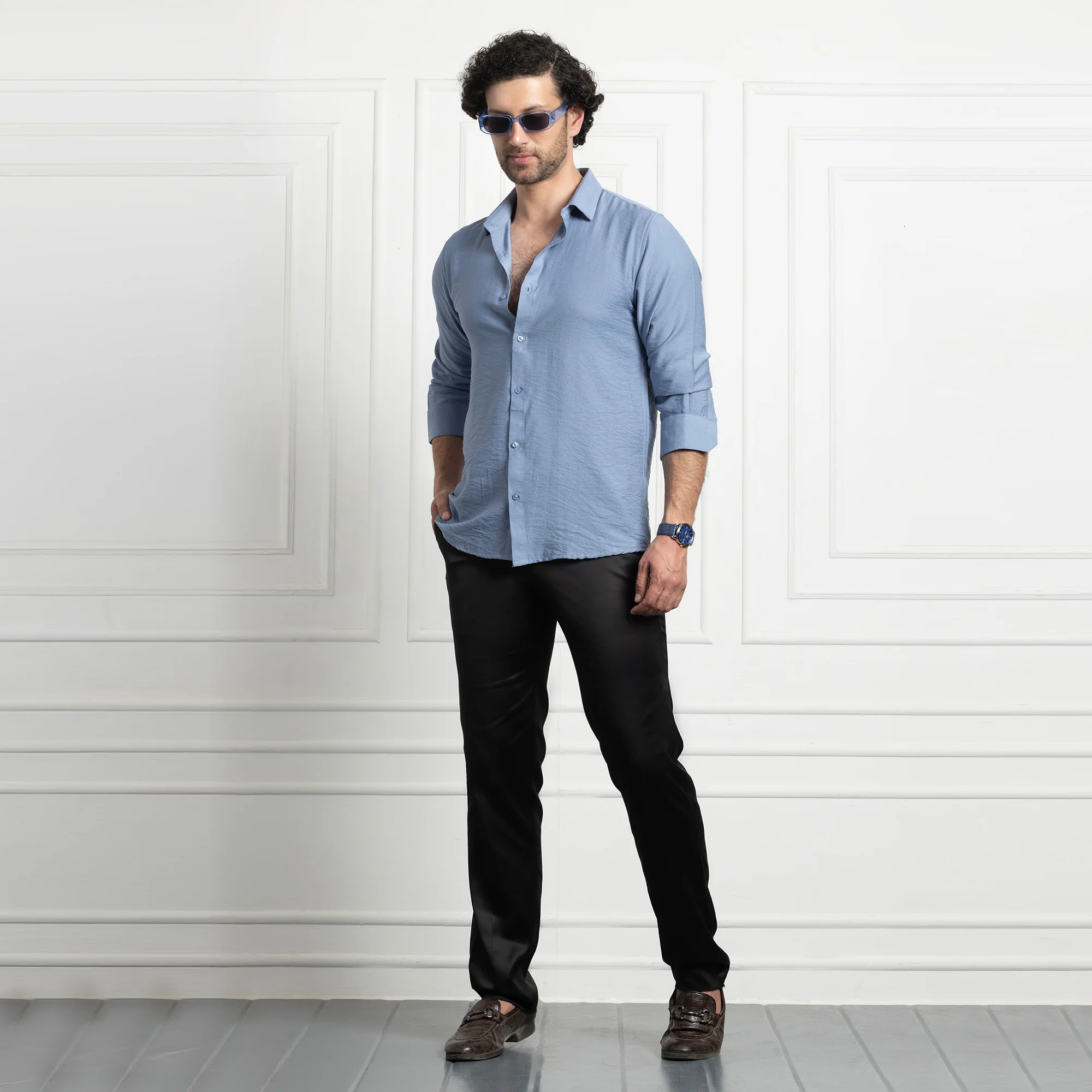 IMPORTED LINEN SHIRT FOR THE MODERN MEN | IRON FREE CASUAL (SYNTHETIC LINEN) SHIRT--Blue - Image 3