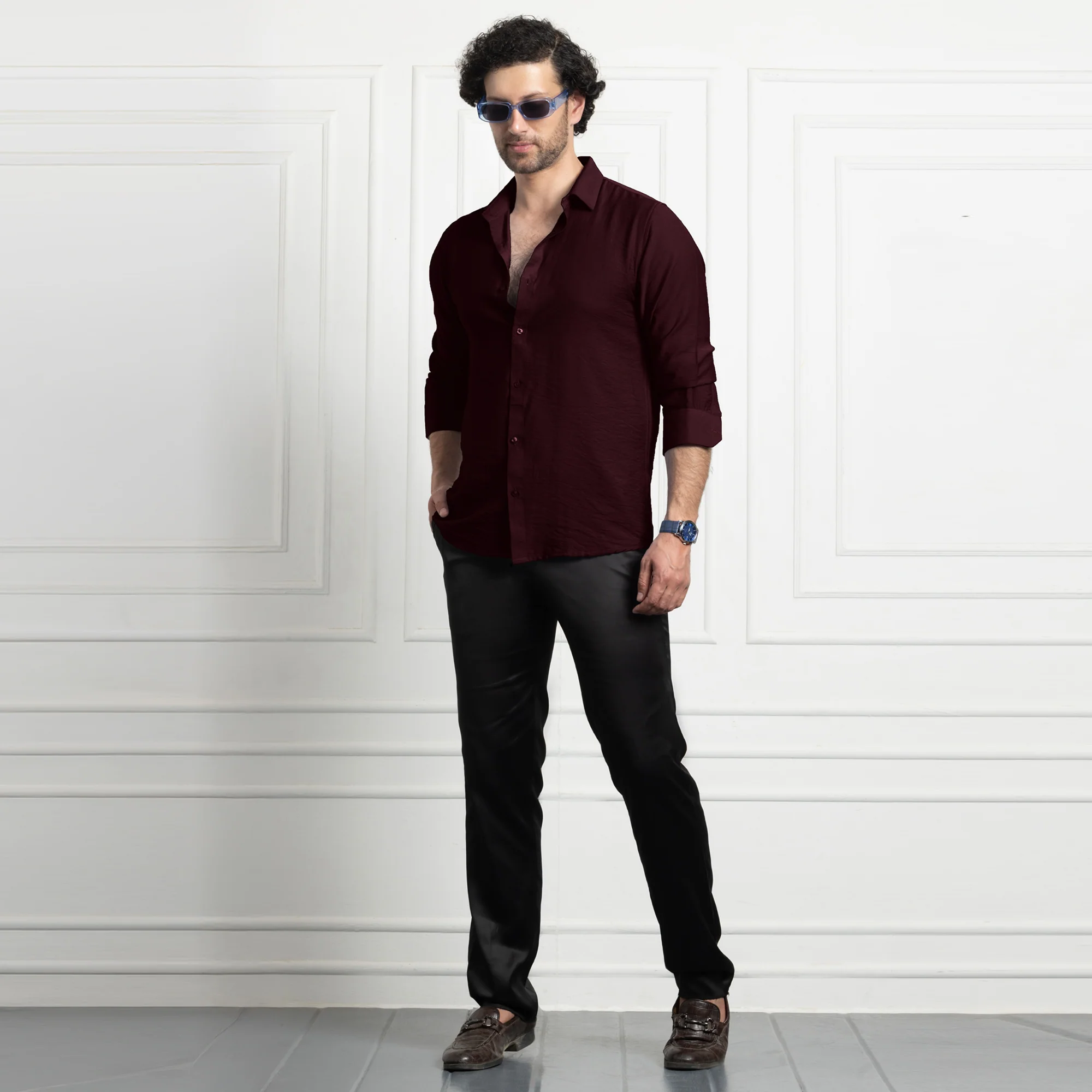 IMPORTED LINEN SHIRT FOR THE MODERN MEN | IRON FREE CASUAL (SYNTHETIC LINEN) SHIRT--Dark Maroon - Image 3