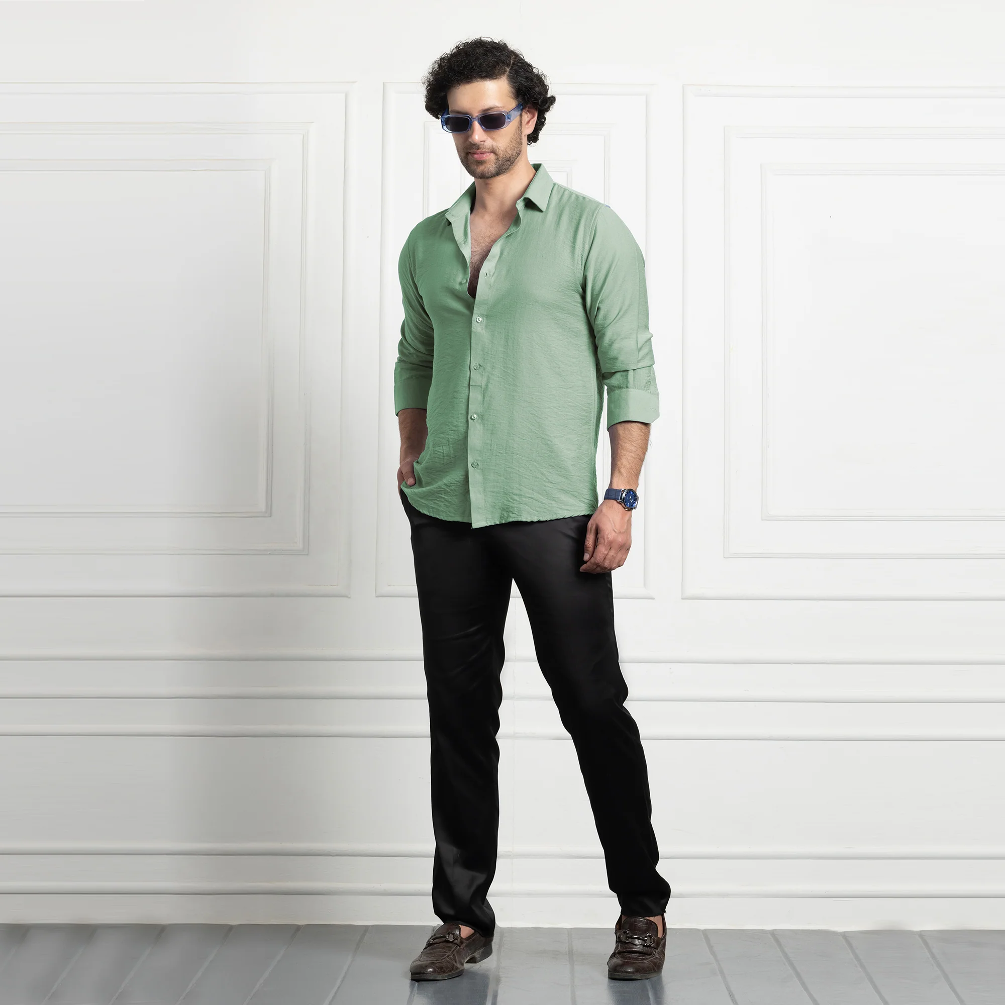 IMPORTED LINEN SHIRT FOR THE MODERN MEN | IRON FREE CASUAL (SYNTHETIC LINEN) SHIRT--Light Green - Image 3