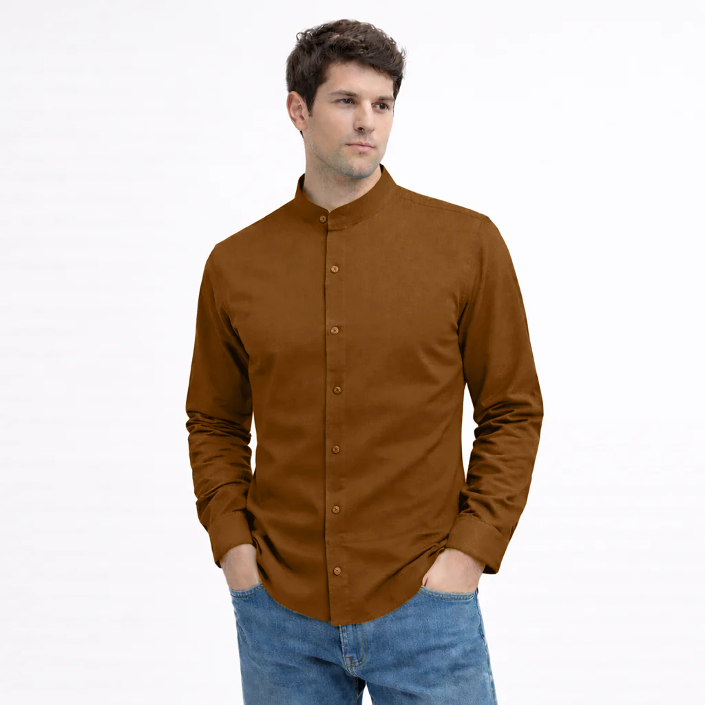 MEN’S CHINESE COLLAR SHIRT | FULL SLEEVE COTTON LINEN T-NECK SHIRT | Brown COLOR - Image 2