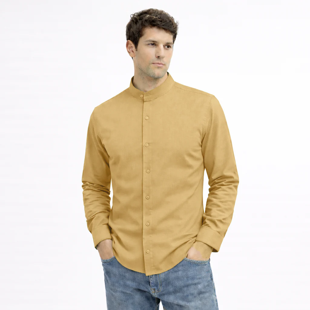 MEN’S CHINESE COLLAR SHIRT | FULL SLEEVE COTTON LINEN T-NECK SHIRT | Light Brown COLOR - Image 2