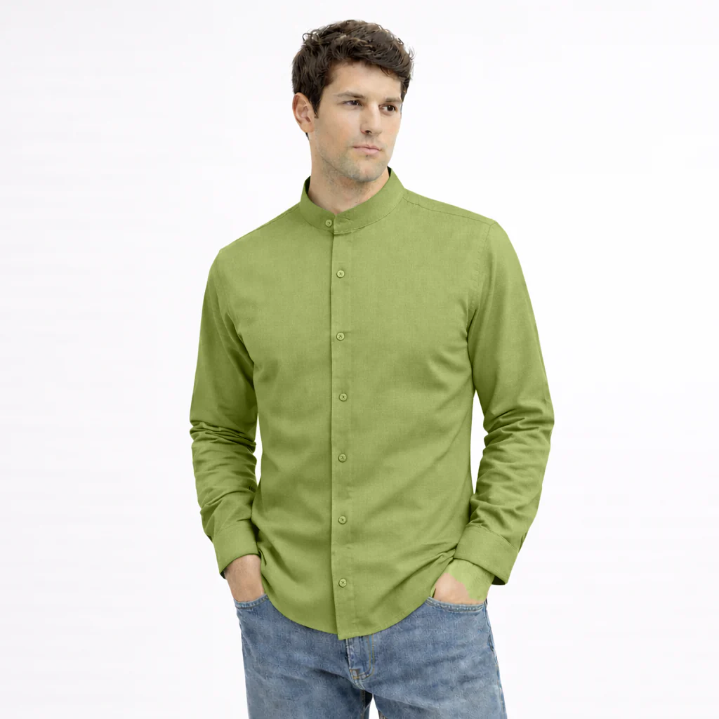 MEN’S CHINESE COLLAR SHIRT | FULL SLEEVE COTTON LINEN T-NECK SHIRT | GREEN COLOR - Image 2