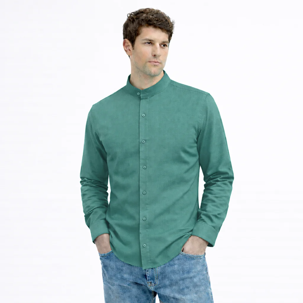 MEN’S CHINESE COLLAR SHIRT | FULL SLEEVE COTTON LINEN T-NECK SHIRT | Turquoise green COLOR - Image 2