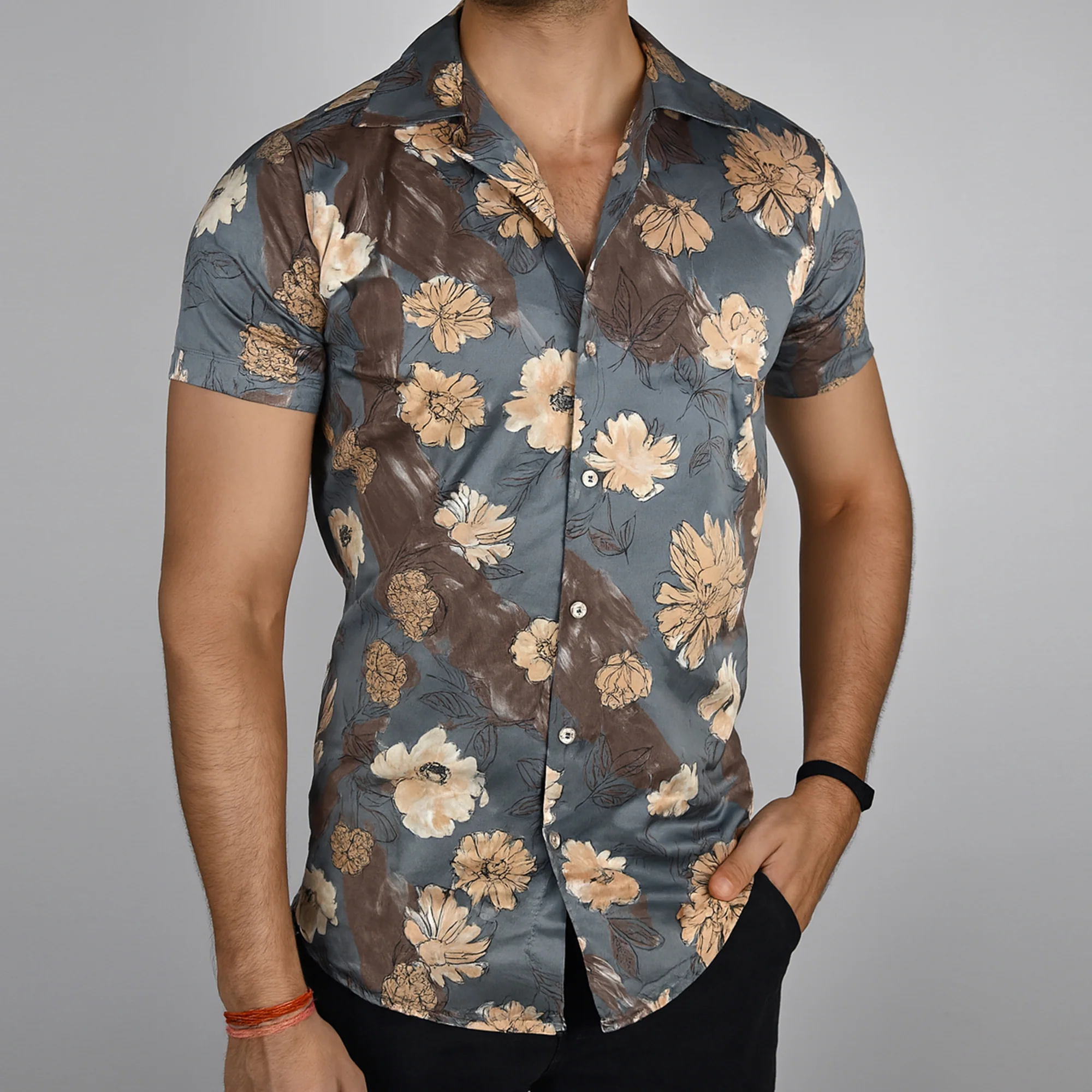 Men’s Floral Printed Slim Fit stretchable Shirt – Short Sleeve, Casual Wear-Grey - Image 2
