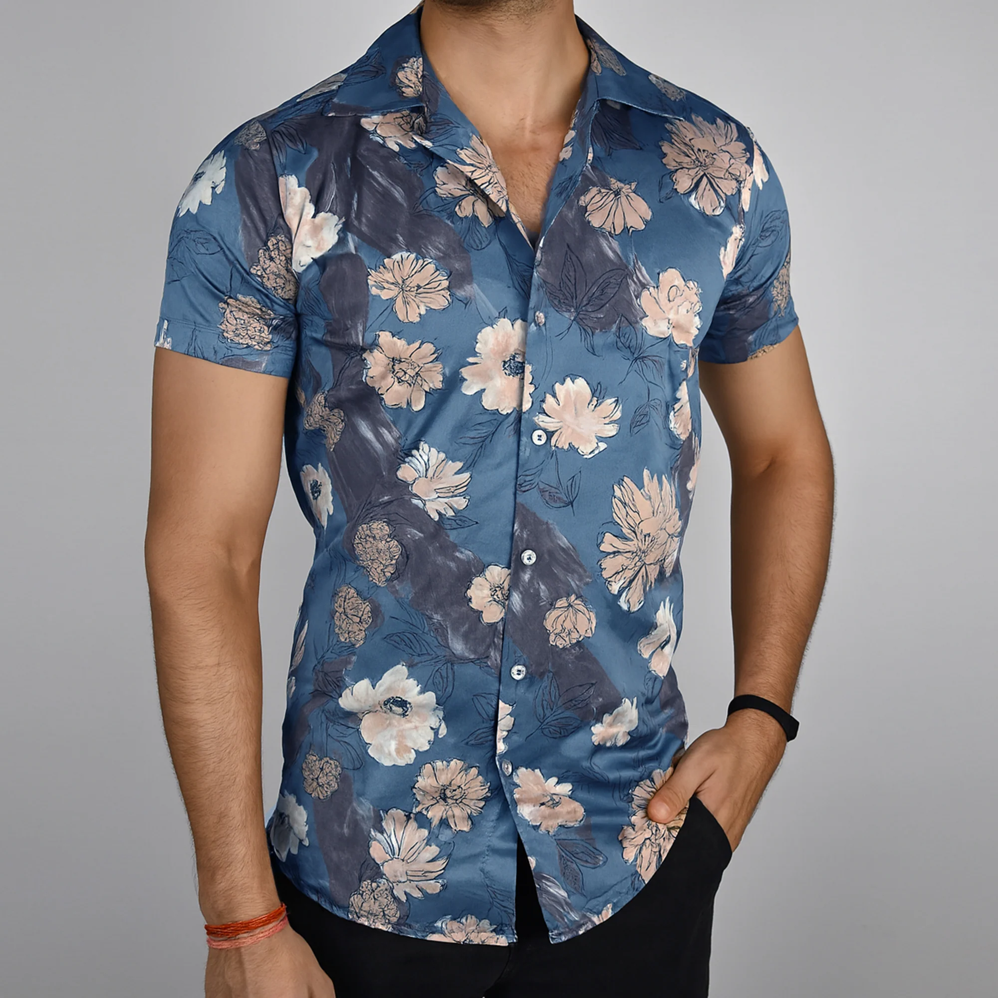 Men’s Floral Printed Slim Fit stretchable Shirt – Short Sleeve, Casual Wear-Blue - Image 2
