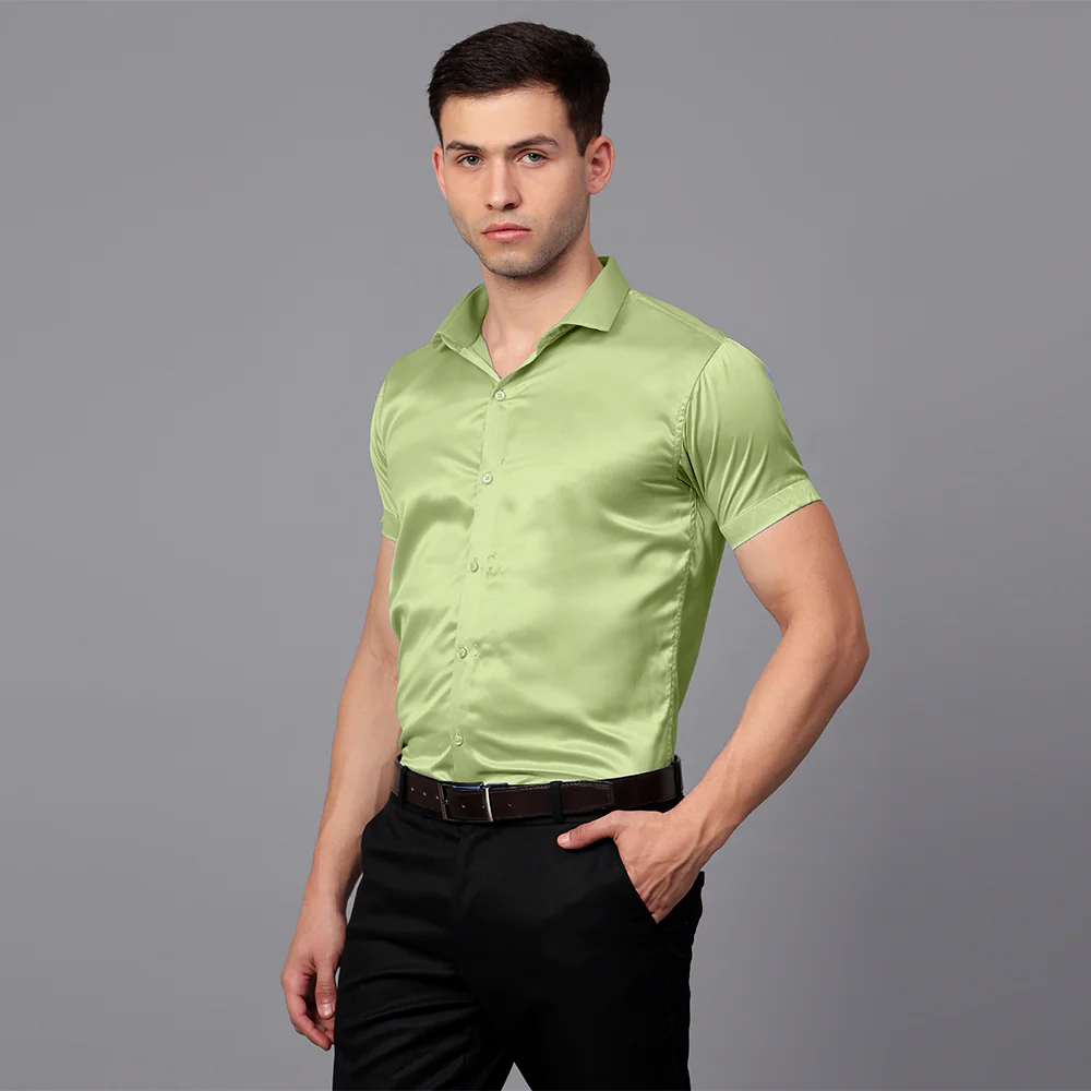Men’s Satin Half Sleeve Formal Shirt – Premium Soft & Shiny Finish-Pista Green - Image 4