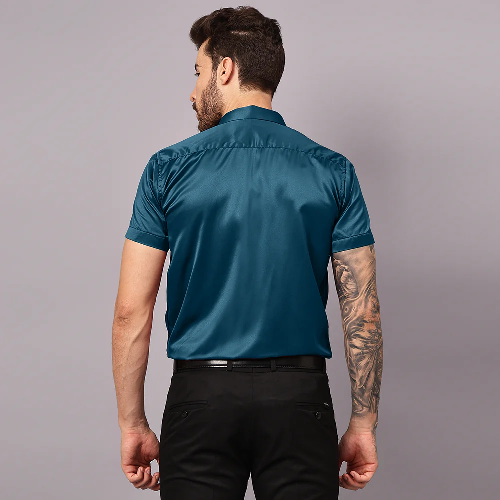 Men’s Satin Half Sleeve Formal Shirt – Premium Soft & Shiny Finish-Teal-Blue - Image 3