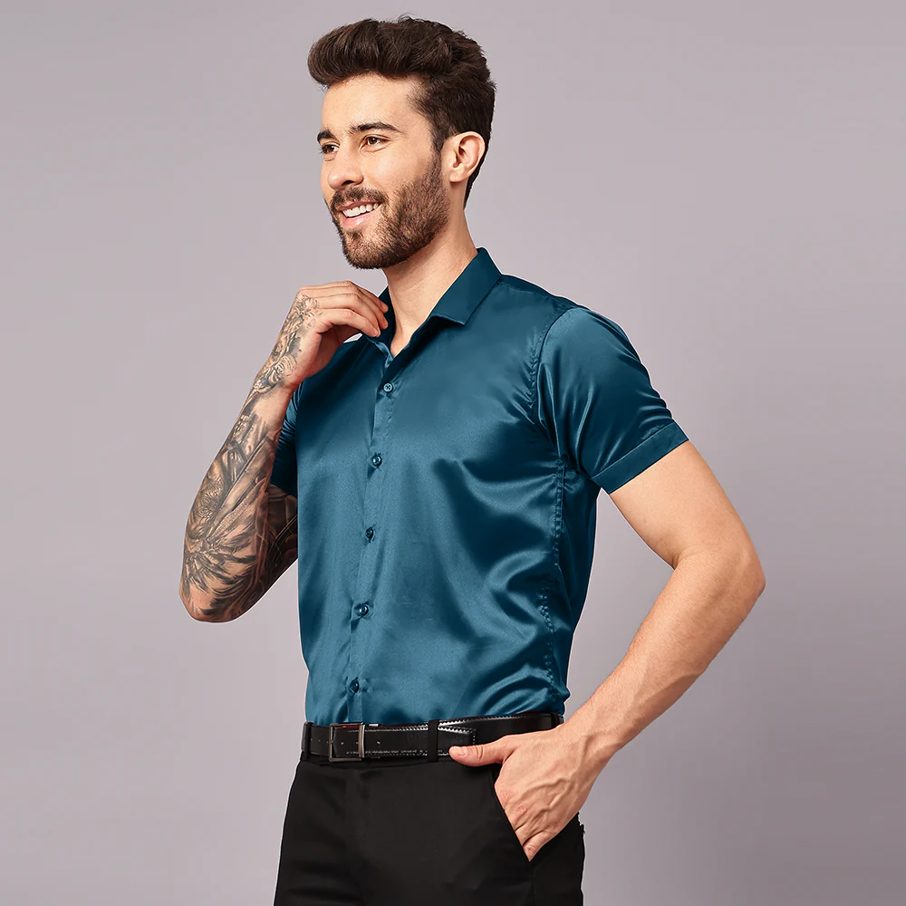Men’s Satin Half Sleeve Formal Shirt – Premium Soft & Shiny Finish-Teal-Blue - Image 4