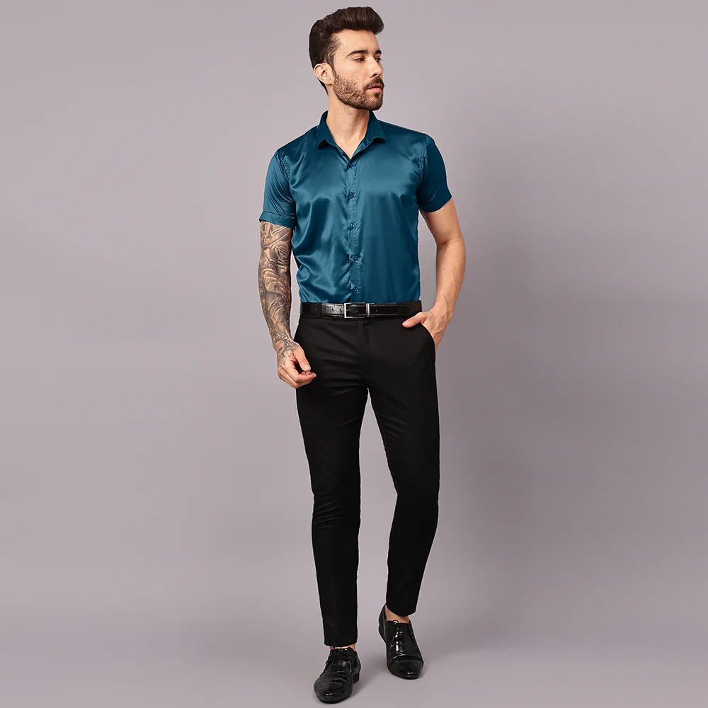 Men’s Satin Half Sleeve Formal Shirt – Premium Soft & Shiny Finish-Teal-Blue - Image 5