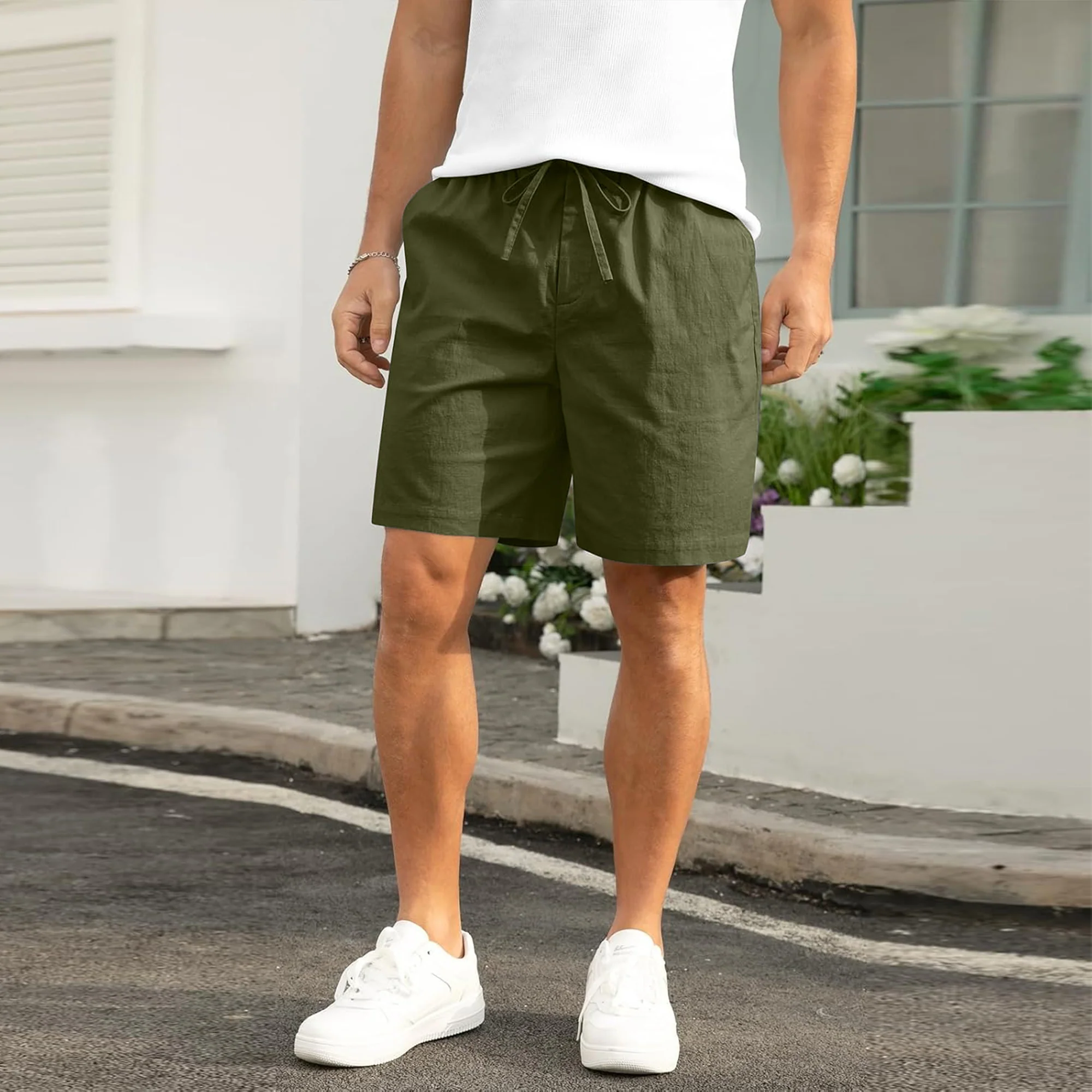 Mens Cotton Linen Shorts Casual Drawstring 8.5 inch Inseam Shorts Stretch Summer-Olive Green