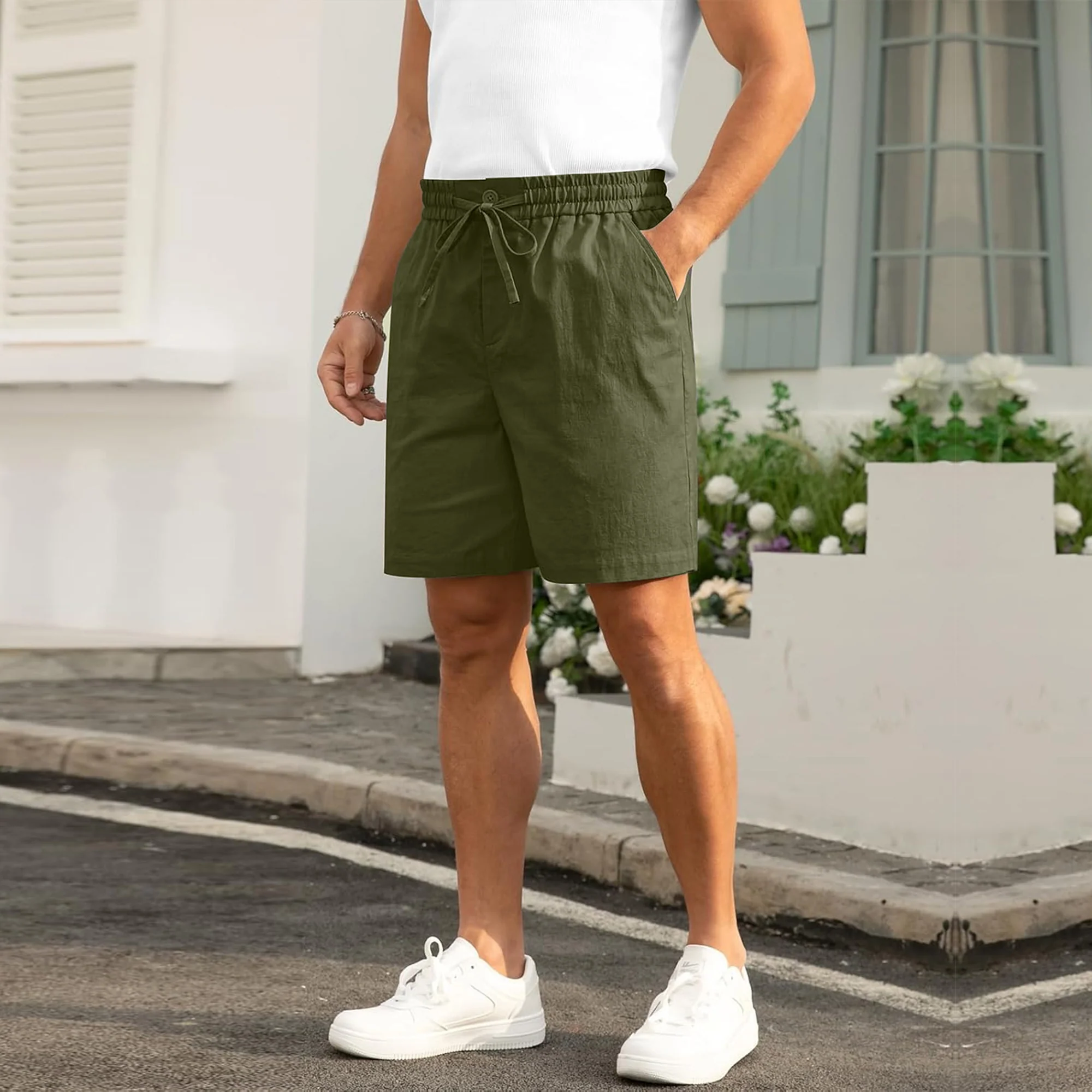 Mens Cotton Linen Shorts Casual Drawstring 8.5 inch Inseam Shorts Stretch Summer-Olive Green - Image 2