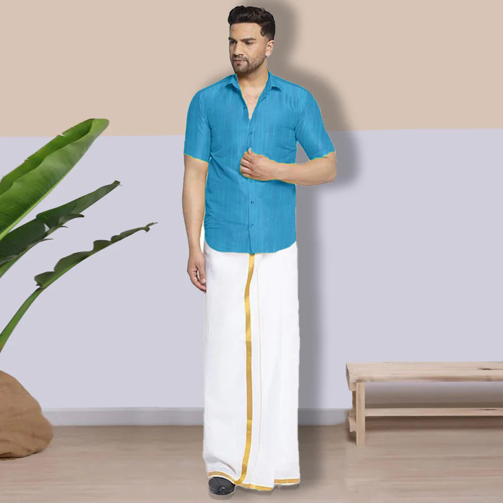 Premium Ethnic Shirts for Men | Traditional South Indian Lungi Shirts (Blue) - Image 5