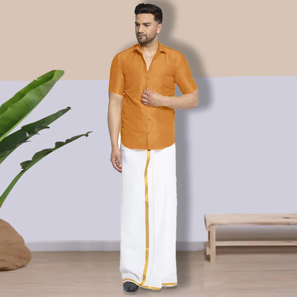 Premium Ethnic Shirts for Men | Traditional South Indian Lungi Shirts (Orange) - Image 5